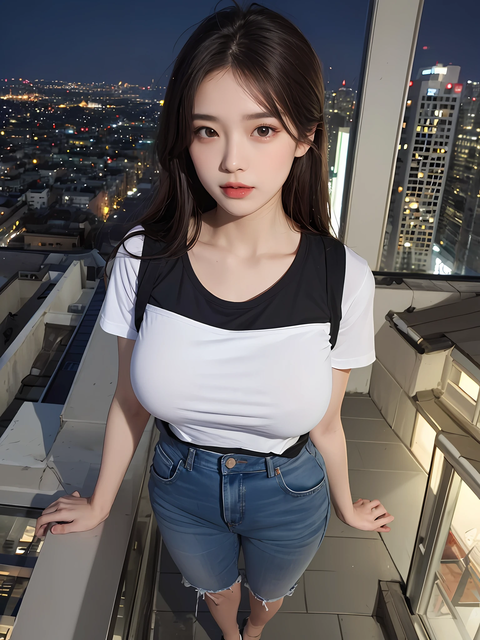 ((Midnight, Best quality, 8k, Masterpiece :1.3)), Whole body, Long legs, Sharp focus :1.2, A pretty woman with perfect figure :1.4, Slender abs :1.1, ((Dark brown hair, Big breasts :1.2)), (White tight tshirt, Jean bib, Standing:1.2), ((Night city view, Rooftop:1.3)), Highly detailed face and skin texture, Detailed eyes, Double eyelid