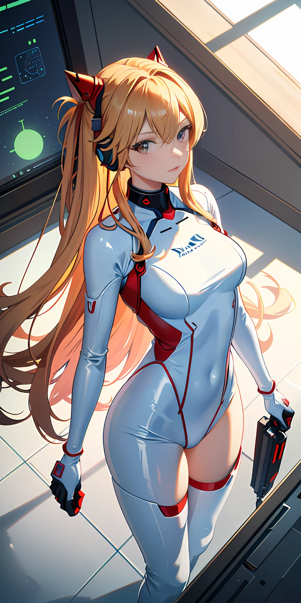 (Overhead view),dynamic angle,ultra-detailed, illustration, close-up, straight on, 1girl, 
 ((souryuu asuka langley, interface headset, red bodysuit:1.4, blonde)),Her eyes shone like dreamy stars,(glowing eyes:1.233),(beautiful and detailed eyes:1.1),(expressionless,closed mouth),(standing), 
(mechanic room with toolsand spaceship windowin a white SPACESHIP),
(night:1.2),dreamy, [[delicate fingers and hands:0.55]::0.85],(detail fingers),