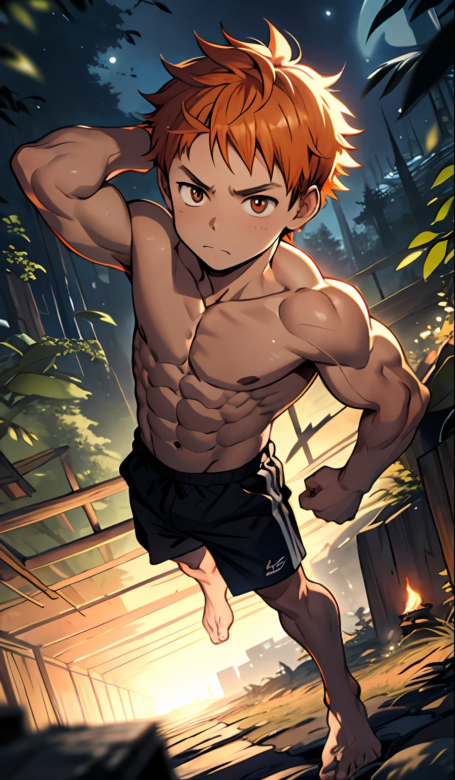 (masutepiece, Best Quality),1boy,(younge boy,child-faced),teenager face,Side view,Body tilt,delicate big eyes,Open your eyes,Holding,The ,smooth and delicate skin,Short square face,(Lewdness),infancy,lewd expression,short round face,Flat chin,finely detaild face,well-muscled,short bright orange hair,The eye,with an intricate,full body Esbian,nakeness,Abs pectoral muscles,the night,vivd colour,(depth of fields:1.2),(Abs),looking at viewert,top-down perspective,Forest Village
