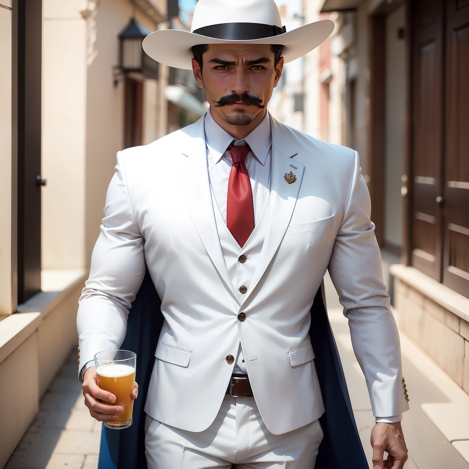 There's a man with a thin mustache in a white suit and red tie holding a beer, white suit and italian mafia style hat , vestindo terno branco, com charuto, inclinando sua fedora, com uma bebida, segurando uma navalha dourada foto de perfil, terno branco, vestindo terno branco futurista, imagem de perfil na frente de uma mesa de baralhos dourados