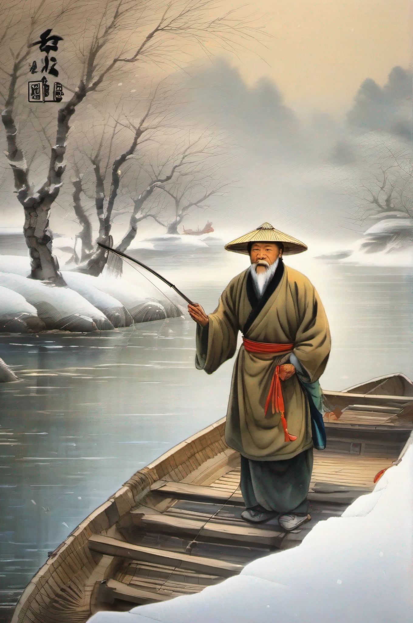 (ink and watercolor painting),(Chinese landscape painting,Heavy snow in winter),(An old man in a straw hat fishes on a boat:1.5, Lonely boats,Fishing alone in the cold river snow,Dong Qichang super fine detail painting, Instagram, Chinese painting style, ink and watercolor painting , Traditional Chinese art, qi sheng luo, Traditional Chinese painting, Traditional Chinese Ink Painting, Chinese style painting, Chinese ink painting, Chinese painting, bo xun ling),(White background,rich colours),(Defocus,Out of focus,softlighting,电影灯光,Skylight,hyper HD)