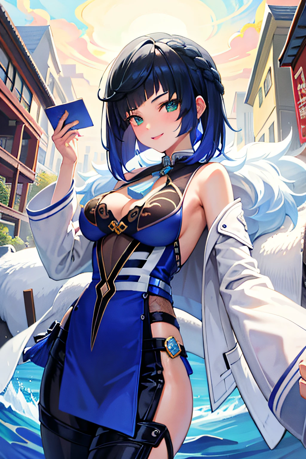 ((tmasterpiece,best qualtiy)), (1girll),((a matural female)),blue hairs,By bangs,middlebreast,(plumw),Slim,ssmile,period costume,Look at the letter in your hand,Back of the ancient Chinese city
