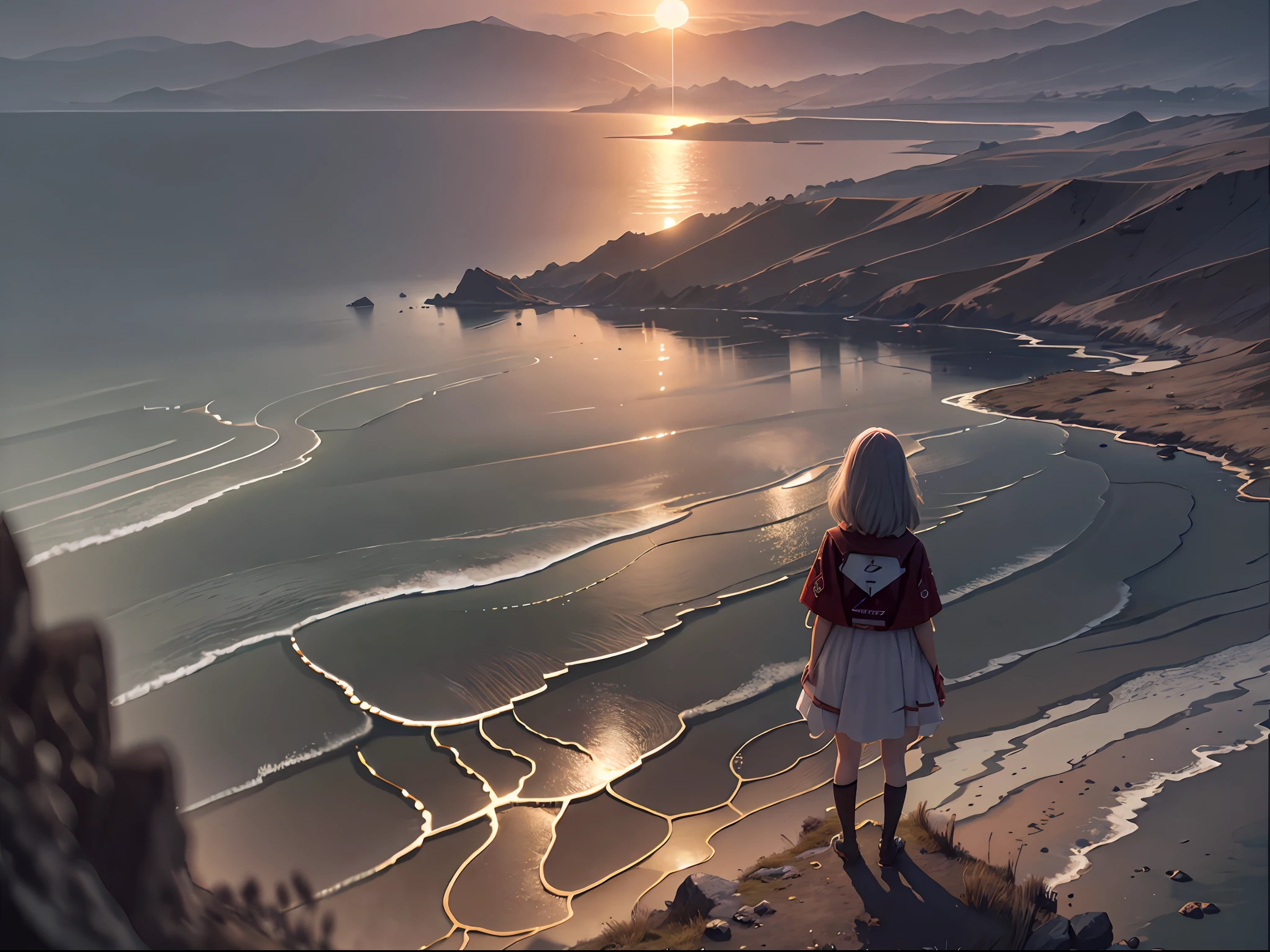 commanding: ``/create prompt:Girl standing on the hill at sunset , Dawn is on a patch of water,The background is the sea, video art, A matte painting, Cinematic landscape model:Real``
