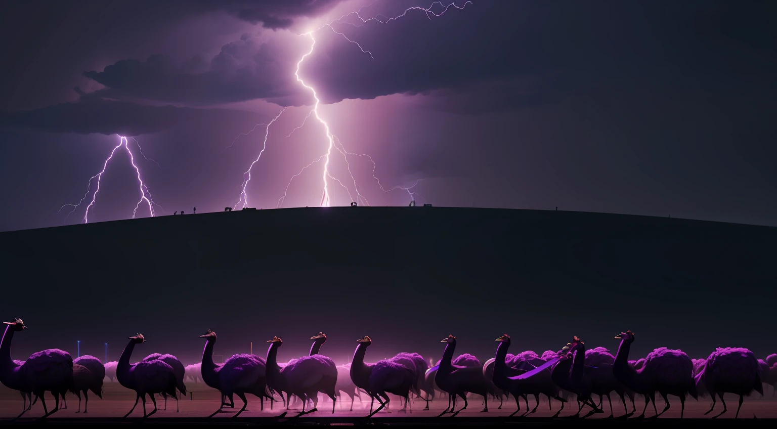 Purple ostriches sending bitcoin over the lightning network to shadow super coders