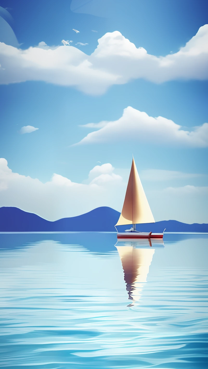 there is a paper boat floating on the water with a sailboat in the background, amazing wallpaper, mobile wallpaper, ships, boat with lamp, wallpaper mobile, by Cyril Rolando, beautiful iphone wallpaper, floating on the ocean, inspired by Cyril Rolando, set sail, sailboat, sailing boat, surreal scene, boat, artistic. alena aenami, iphone wallpaper