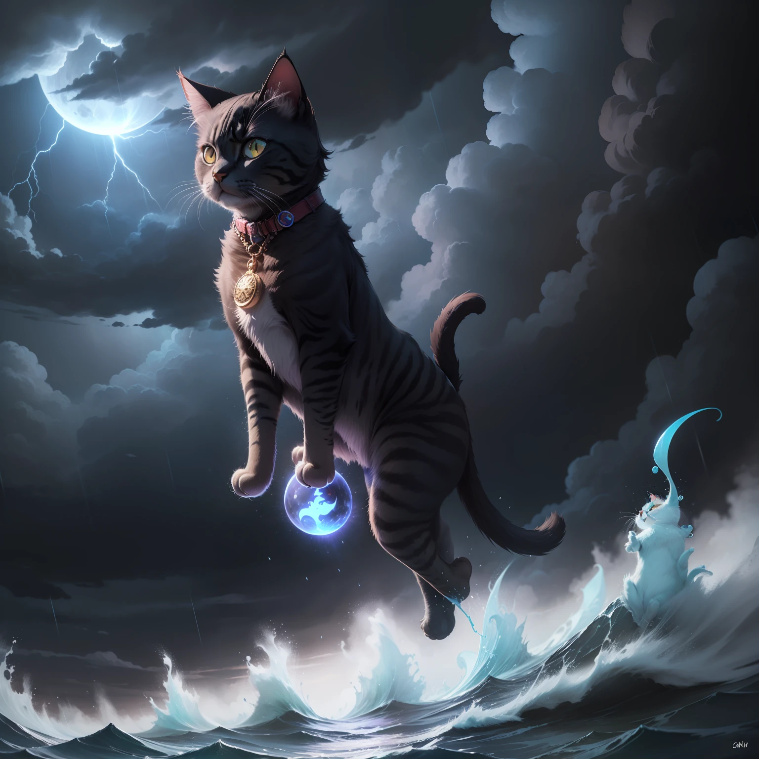 /imagine Luna(a cat) using her magical amulet to conjure a protective barrier arround her friends as they face a sudden storm at sea, cartoon style,