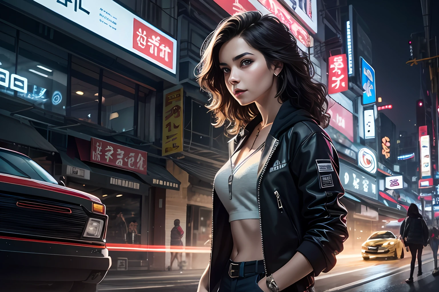 (melhor qualidade, obra-prima), 1girl, holo jacket, cyberpunk, neon,peitos grandes,mistborn, (desenho animado: 1.5), tanga, apertado, pequeno, sinais de neon, ramen loja, meias fishnet muito baixo, transparente, cabelo muito longo, roupa decotada, sexy