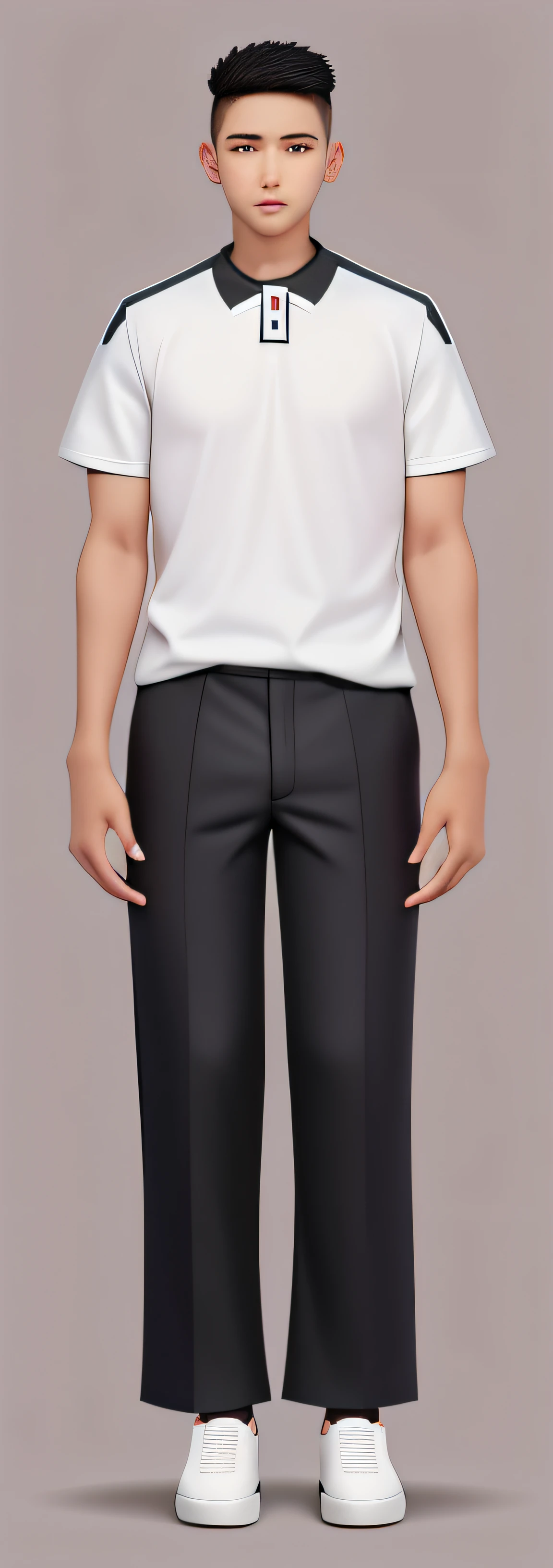 A male high school student，brush cut，Wear a short-sleeved shirt，The shirt has a black neckline，Black sports trousers，black sneaker shoes
