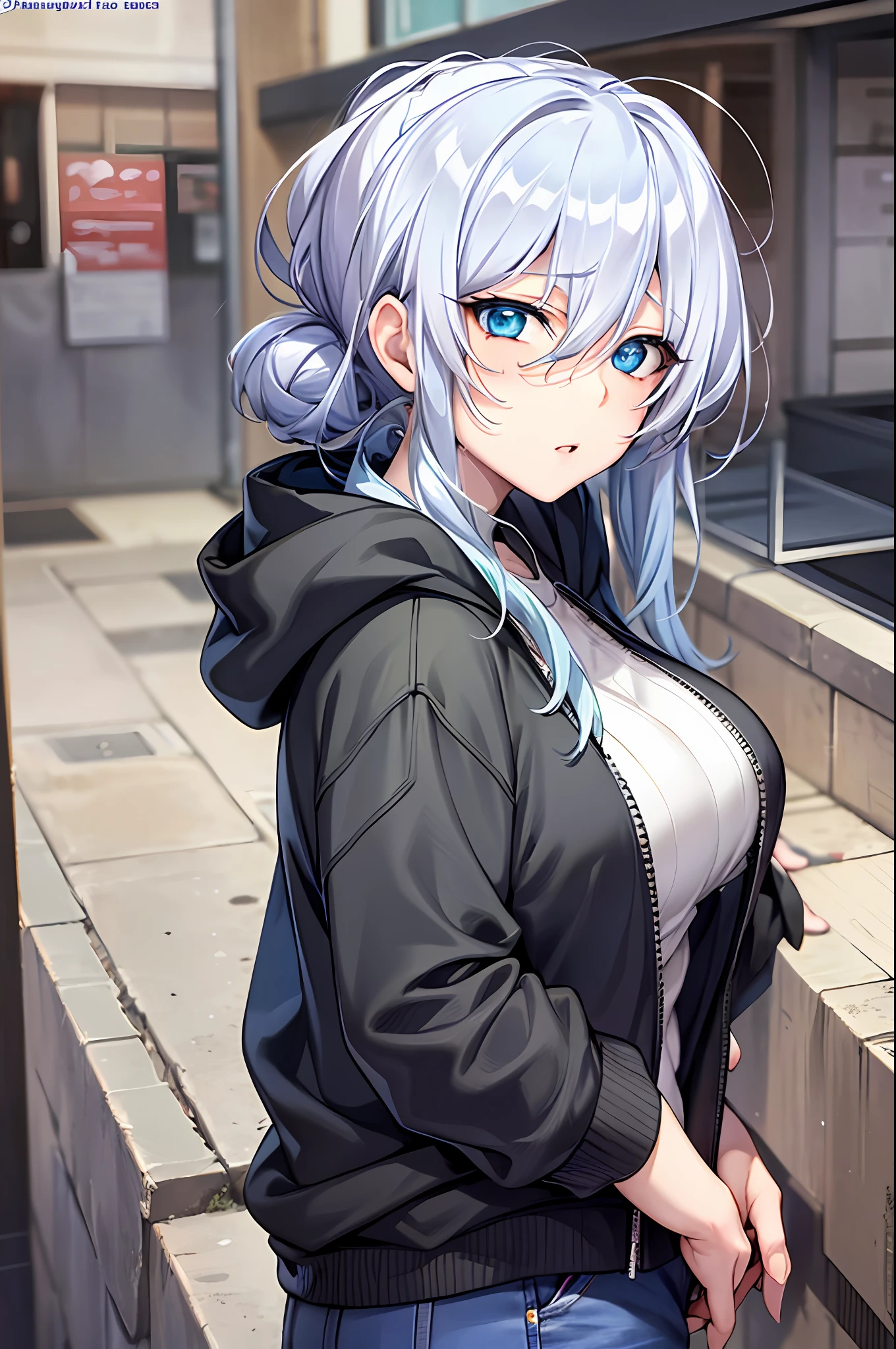 Yukino, Silver hair and  eyes in a black hoodie, anime visual of a cute girl, screenshot from the anime film, & her expression is solemn, in the anime film, in an anime, anime visual of a young woman, she has a cute expressive face, still from anime, perfect breast