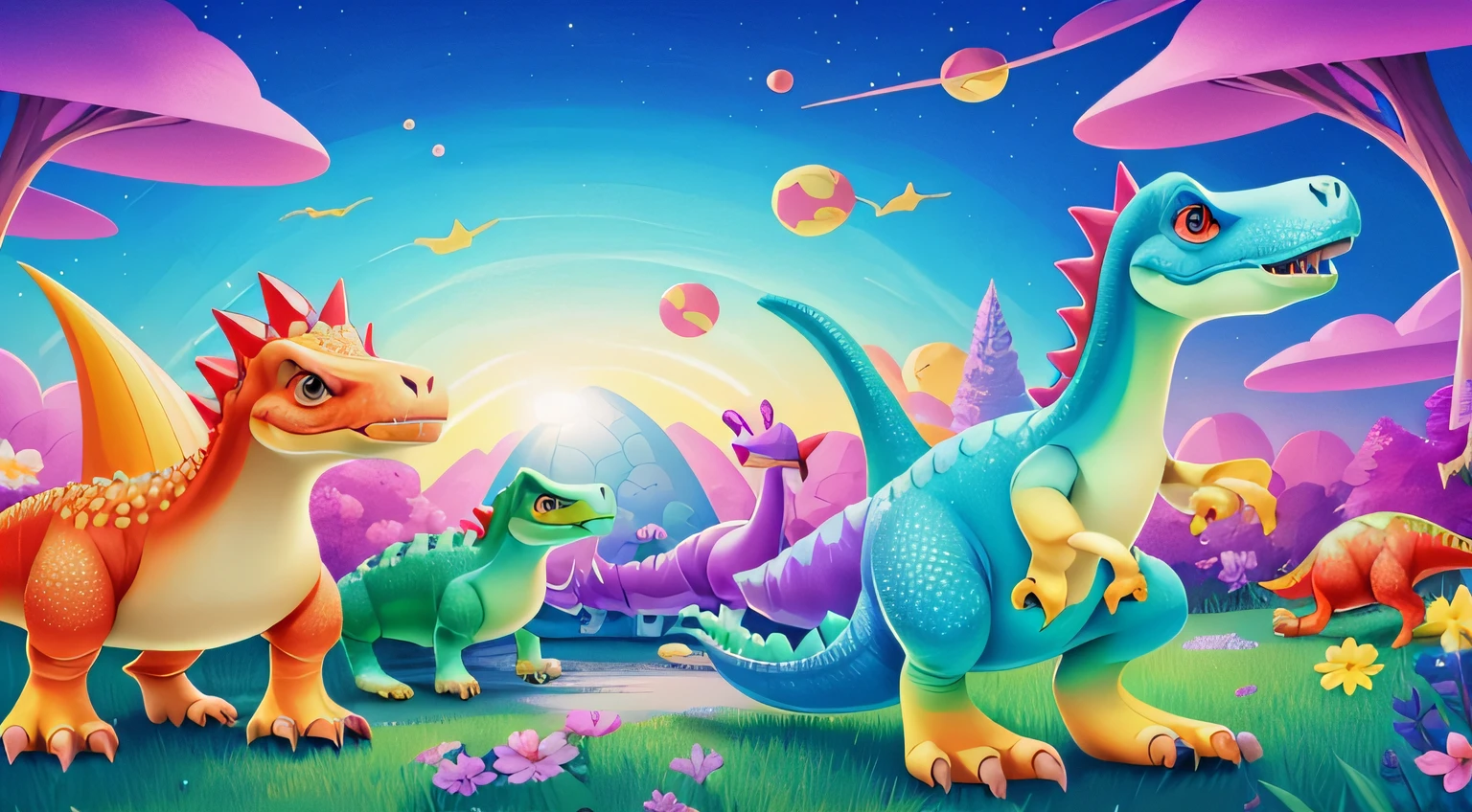 A group of dinosaurs in a field of flowers and trees, background artwork, colorful kids book illustration, Mobile game art, colorfull digital fantasy art, Colorful illustration, arte de fundo, 4 k hd wallpaper illustration, Game illustration, Game art, dinosaurs, 4 k hd illustrative wallpaper, Official illustration, 8 K cartoon illustration, Mobile game background, Cute detailed digital art