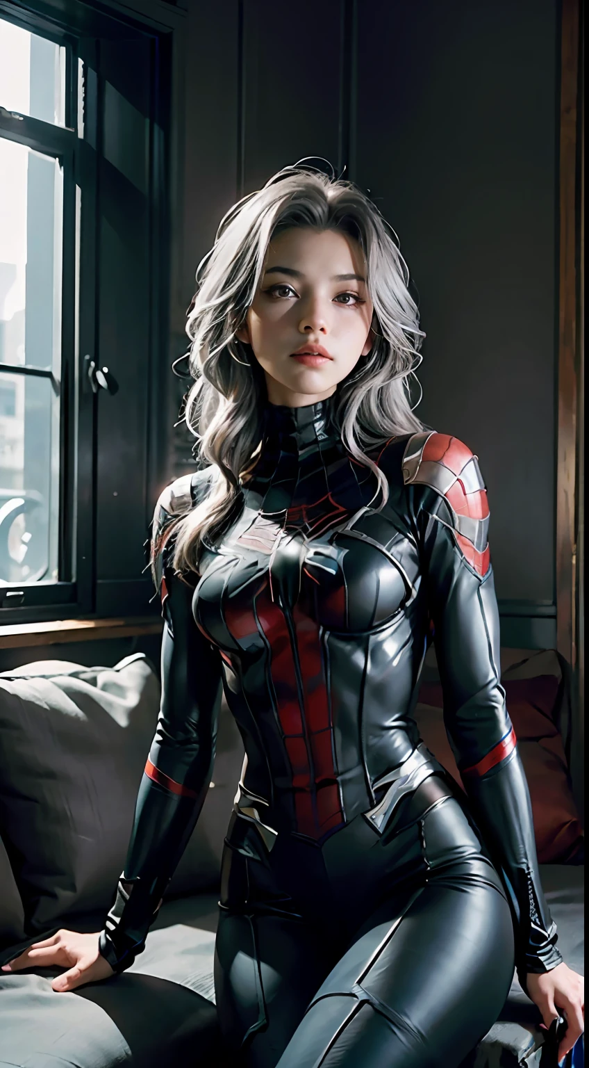 (Extreme Detail CG Unity 8K wallpaper, masterpiece, highest quality), (exquisite lighting and shadow, highly dramatic picture, cinematic lens effect), a girl in a black Spider-Man costume, silver-gray hair color, from the Spider-Man parallel universe, Wenger, Marvel, Spider-Man, sitting on the couch, dynamic pose), (excellent detail, excellent lighting, wide angle), (excellent rendering is enough to stand out in its class), focus on black Spider-Man costumes, complex spider textures