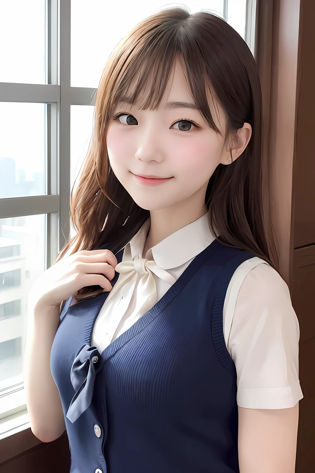 女の子1人、a 25yo woman、vests、the bow、a picture、realisticlying、top-quality、adopt、A detailed face、s Office、Building from the window、细致背景、Diffused sunlight、depth of fields、Bokeh