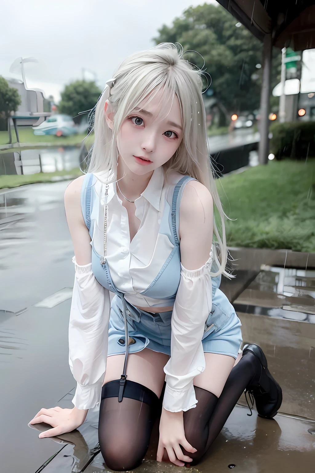 1个Giant Breast Girl,style of anime,standing on your feet,Hiccups,Feeling cold,trembling all over,Clear suspenders,Leg straps,Short white dress,(long white hair),blue color eyes,Rain-soaked tops,rainy days,Heartache expression