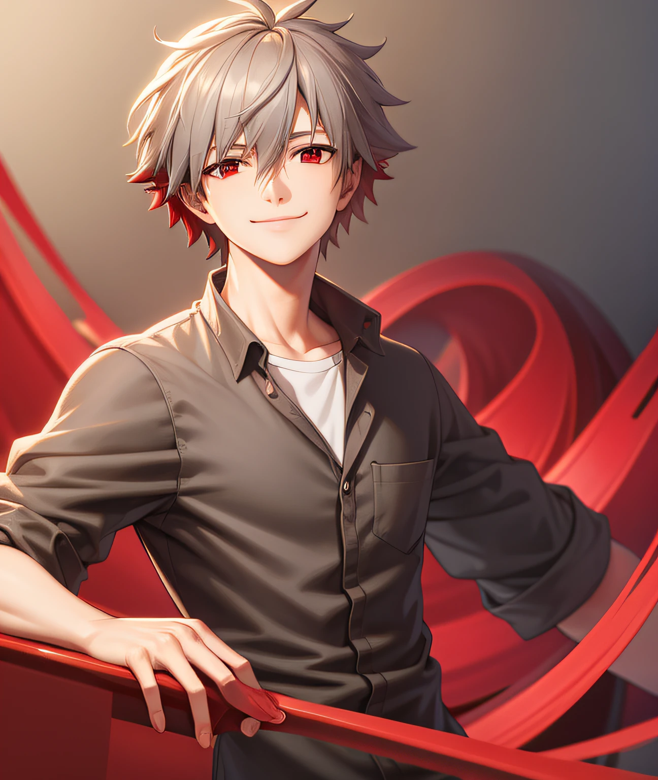masterpiece,highres,highly detailed,male focus,1boy,solo,red eyes,grey hair,smile