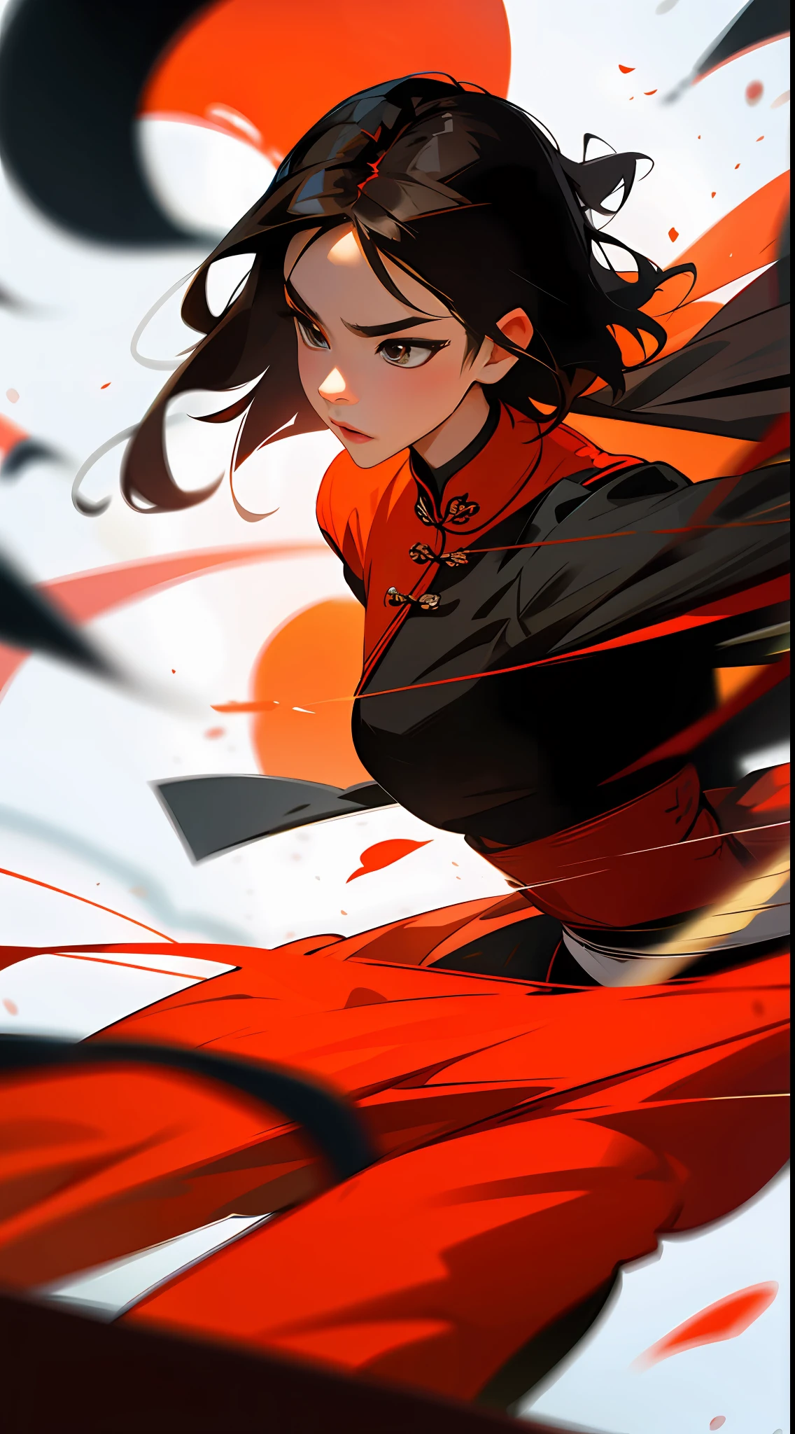 Chinese beautiful woman，Kungfu，Chinese weapon in hand，ancient costume，Short flowing hair，black color hair，The picture is extremely tense，dashing，Raised sexy，carismatic，energetic，Dynamic，Large viewing angle，Grandiose scenes，tmasterpiece，（8K）（High quality details）（super high image quality）（best qualtiy）