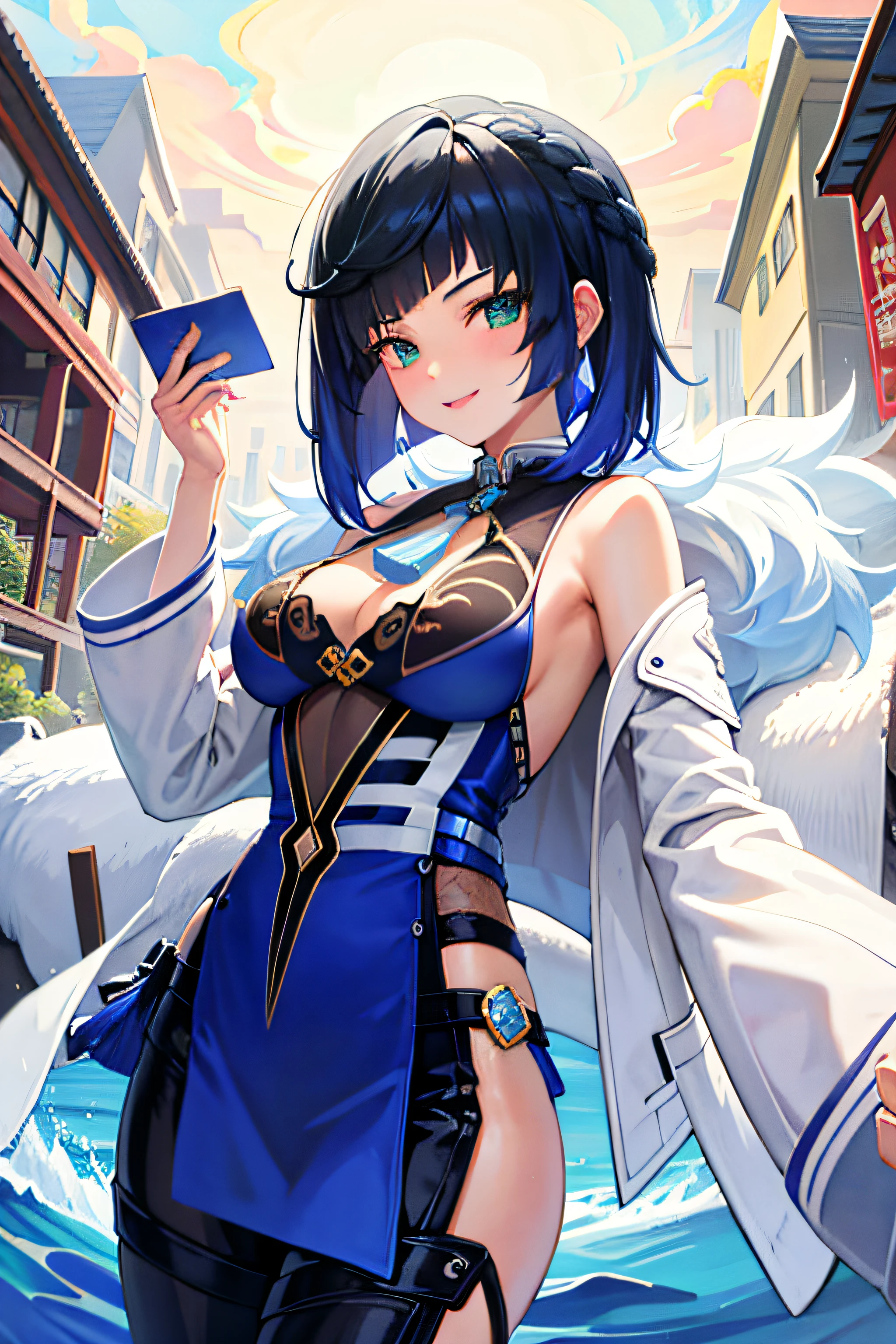 ((tmasterpiece,best qualtiy)), (1girll),((a matural female)),blue hairs,By bangs,middlebreast,(plumw),Slim,ssmile,period costume,Look at the letter in your hand,Back of the ancient Chinese city