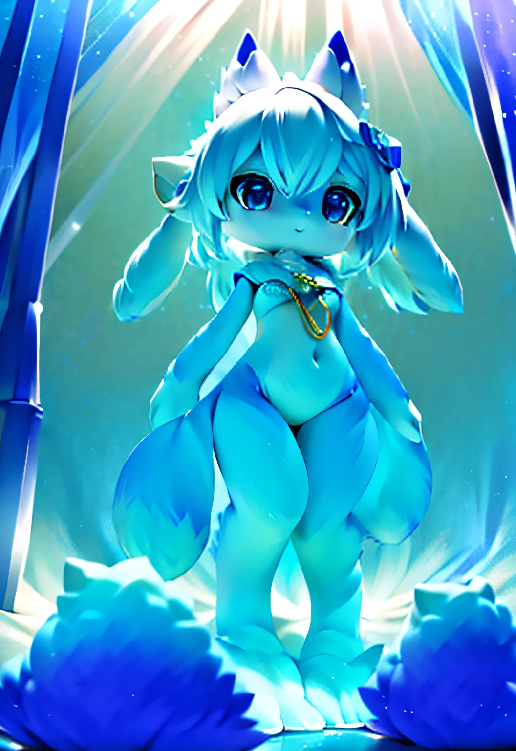 Fluffy，White fur，hyper cute face，blue elements on fur，Beautiful lights and shadows，ambient lights，Ultra-fine fur，volumettic light,magicle water