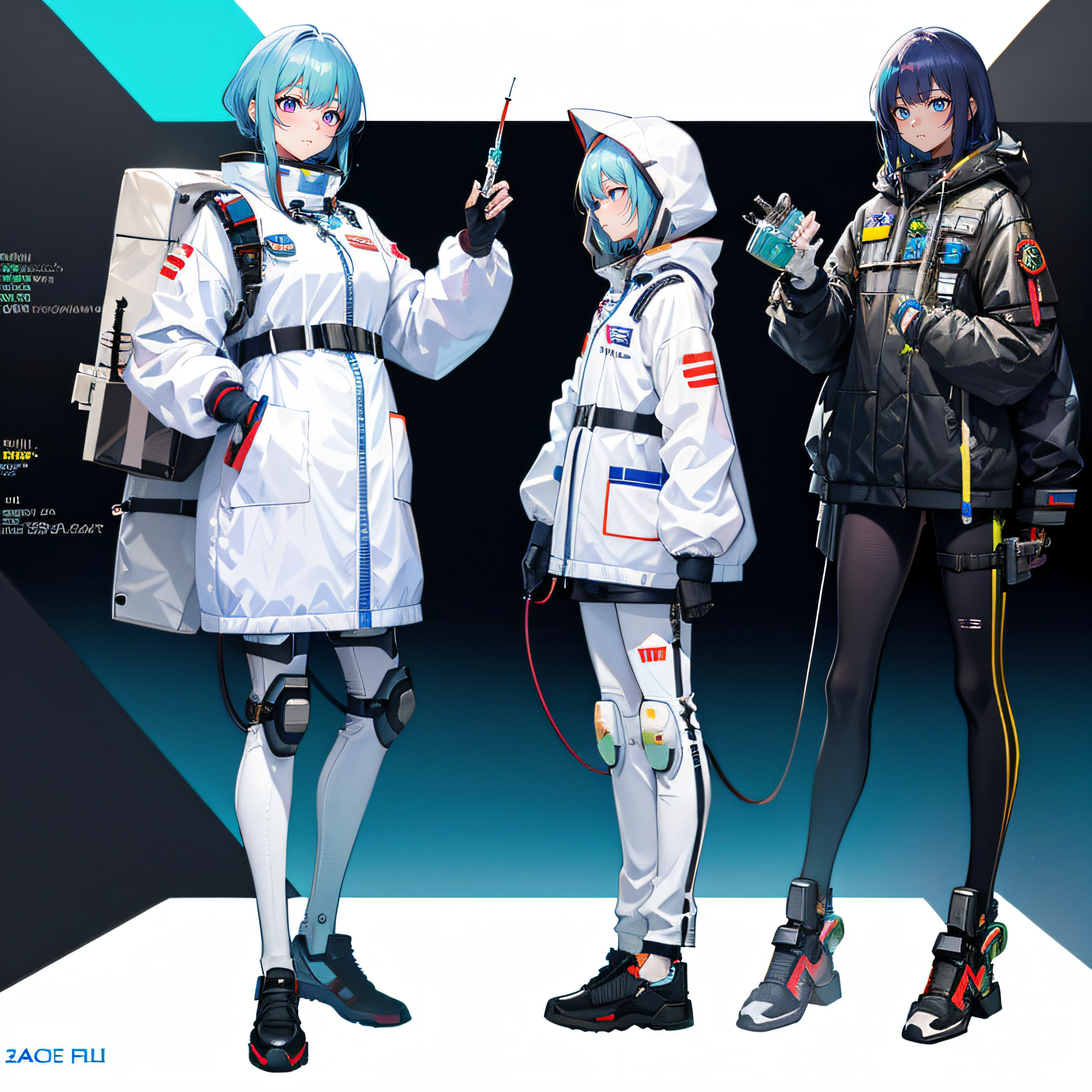 Three anime characters dressed in white and black stand side by side, wearing space techwear, fully space suited, portrait anime space cadet girl, cyberpunk streetwear, girls frontline style, Digital cyberpunk anime art, futuristic tech wear, cyber universe style, Best anime 4k konachan wallpaper, Cyberpunk costumes, wear spacesuits, lunar themed attire, Spacesuit, Cyber style