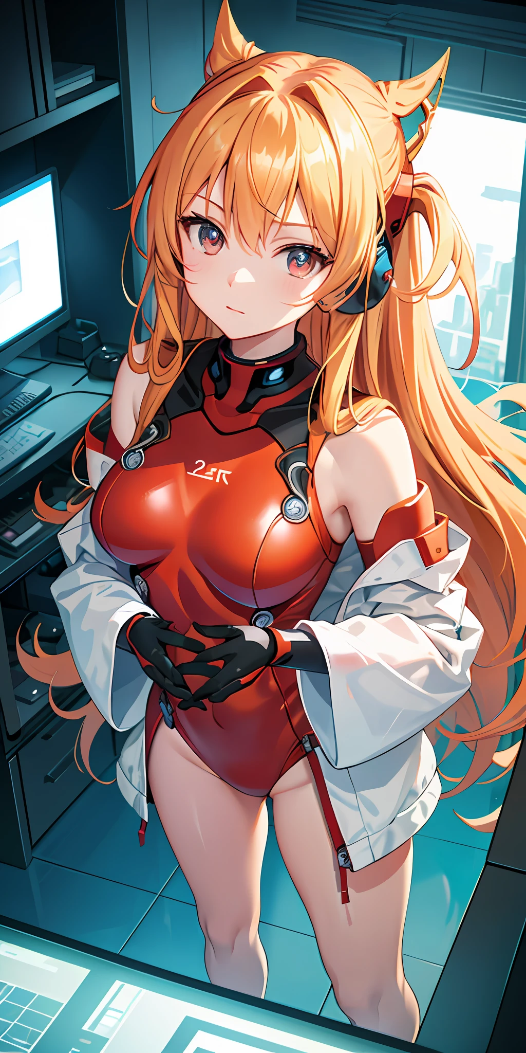 (Overhead view),dynamic angle,ultra-detailed, illustration, close-up, straight on, 1girl, 
 ((souryuu asuka langley, interface headset, red bodysuit:1.4, blonde)),Her eyes shone like dreamy stars,(glowing eyes:1.233),(beautiful and detailed eyes:1.1),(expressionless,closed mouth),(standing), 
(mechanic room with toolsand spaceship windowin a white SPACESHIP),
(night:1.2),dreamy, [[delicate fingers and hands:0.55]::0.85],(detail fingers),