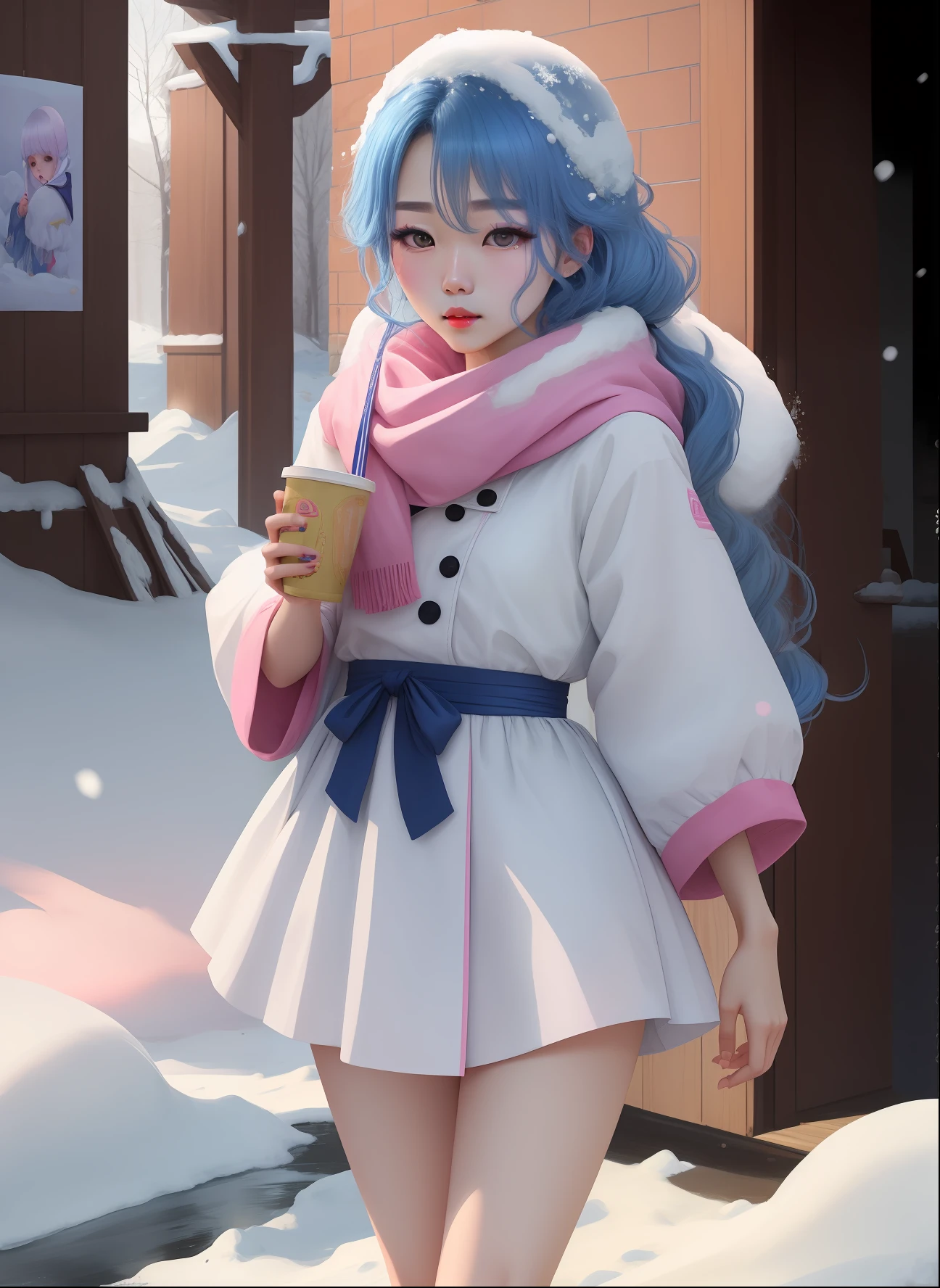 Blue ribbons wrapped around the eyes。The hair is blue,Very drifting。Pink lips。Snow-white thighs,