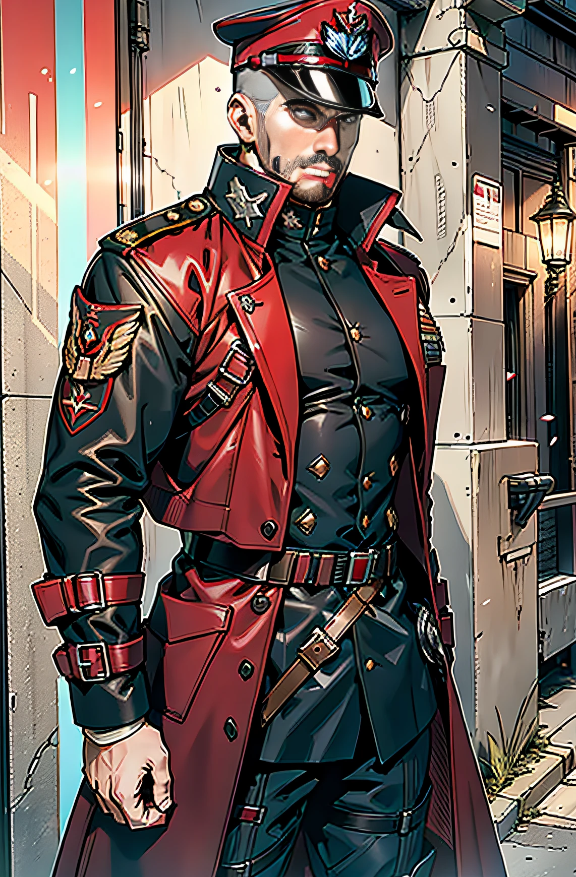 Crimson trench coat，Future imperial military style，World War I soldier costume，Equipment for future soldiers，Tactical belt，Light bulletproof vest，burly build，male people，Technologie，short detailed hair，Front-line commander，Wearing red leather armor，Human Federation