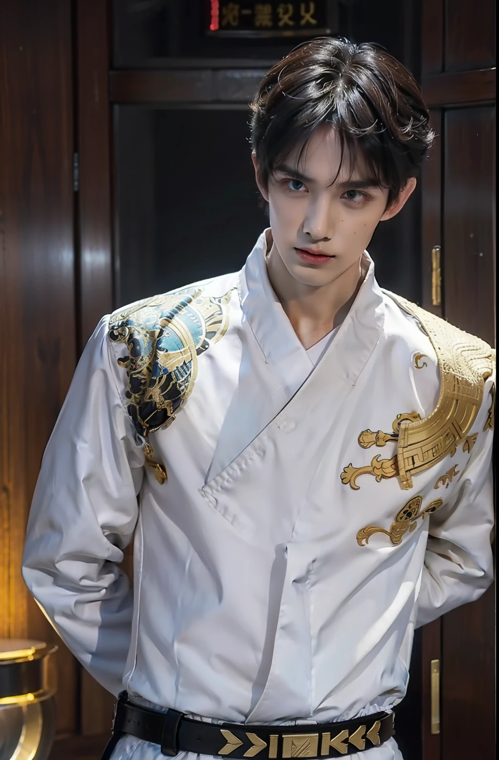 1boys，White cloth，short detailed hair，gold embroidery，Black gold embroidered belt，White collar，Wearing a Feiyu suit，Combat posture，Black gold embroidered wrist guards，（RAW photos，best qualtiy），（Realiy，Foto realism：1.4），tmasterpiece， Extremely Delicately Beautiful，extremely higly detailed，2k wallpaper，astounding，finedetail，extremely detaild的 CG unified 8k wallpapers，Super meticulous，A high resolution，the soft light，Handsome boy，extremely detailed eyes ancface，Beautiful detailed nose，Handsome and delicate eyes ,Cinema lighting,city night scene,Perfect anatomy,Strong body,ssmile，（nakeness），（Abs）