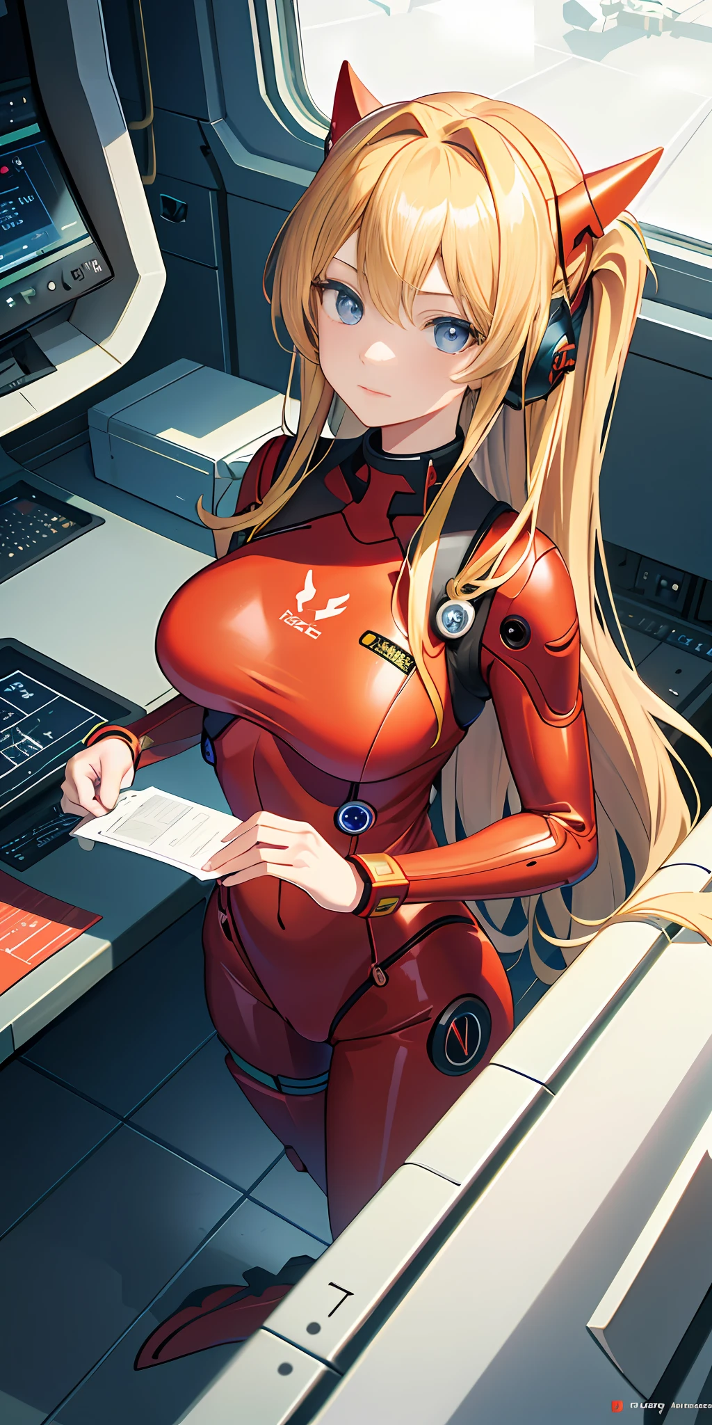 (Overhead view),dynamic angle,ultra-detailed, illustration, close-up, straight on, 1girl, 
 ((souryuu asuka langley, interface headset, red bodysuit:1.4, blonde)),Her eyes shone like dreamy stars,(glowing eyes:1.233),(beautiful and detailed eyes:1.1),(expressionless,closed mouth),(standing), 
(mechanic room with toolsand spaceship windowin a white SPACESHIP),
(night:1.2),dreamy, [[delicate fingers and hands:0.55]::0.85],(detail fingers),