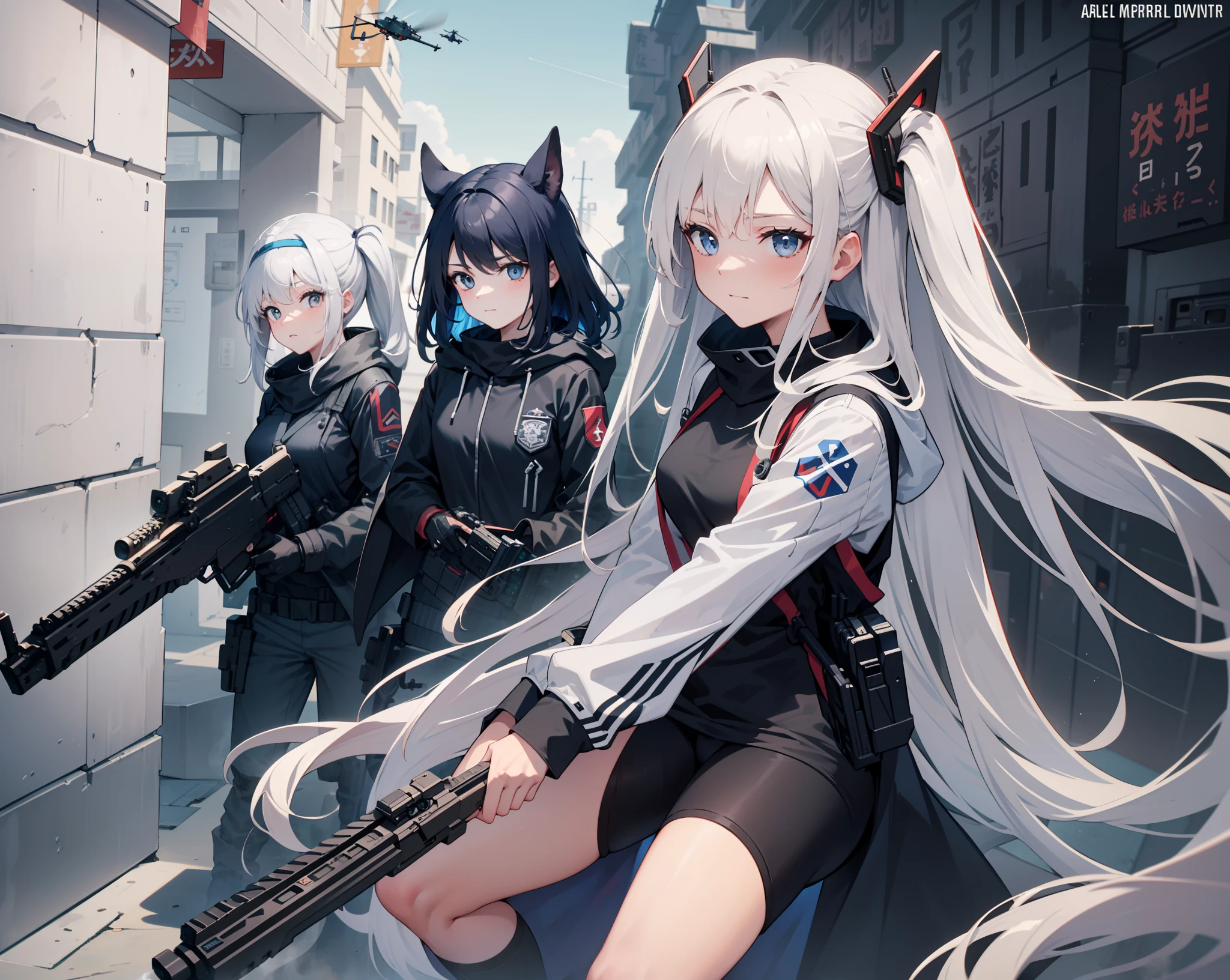 (warzone),(Three mechanical girls),Synths for the Imperial Army,assault rifle,a black cloak,Handsome,Ultra-modern warfare,(Helicopters flying through the air)