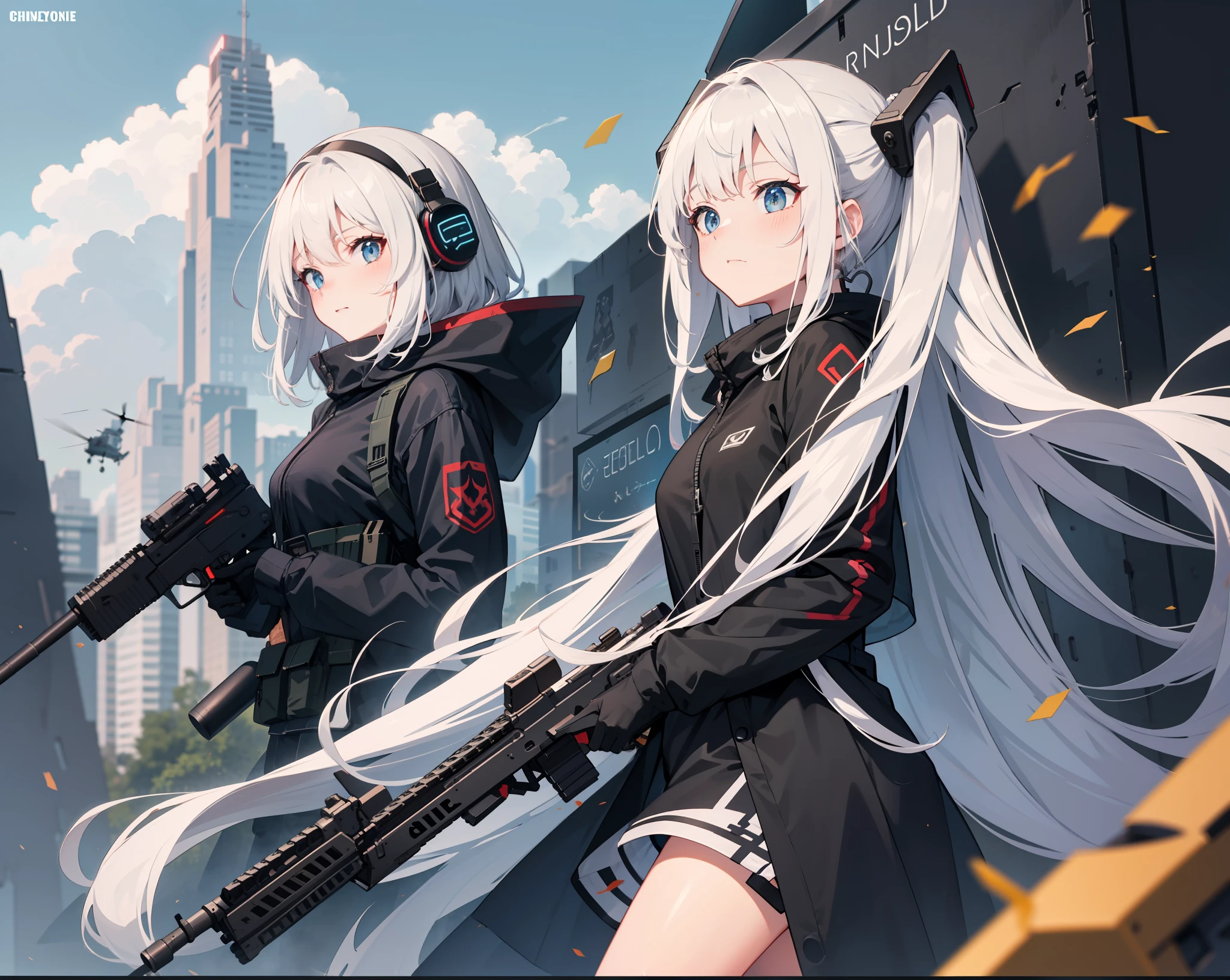 (warzone),(Three mechanical girls),Synths for the Imperial Army,assault rifle,a black cloak,Handsome,Ultra-modern warfare,(Helicopters flying through the air)