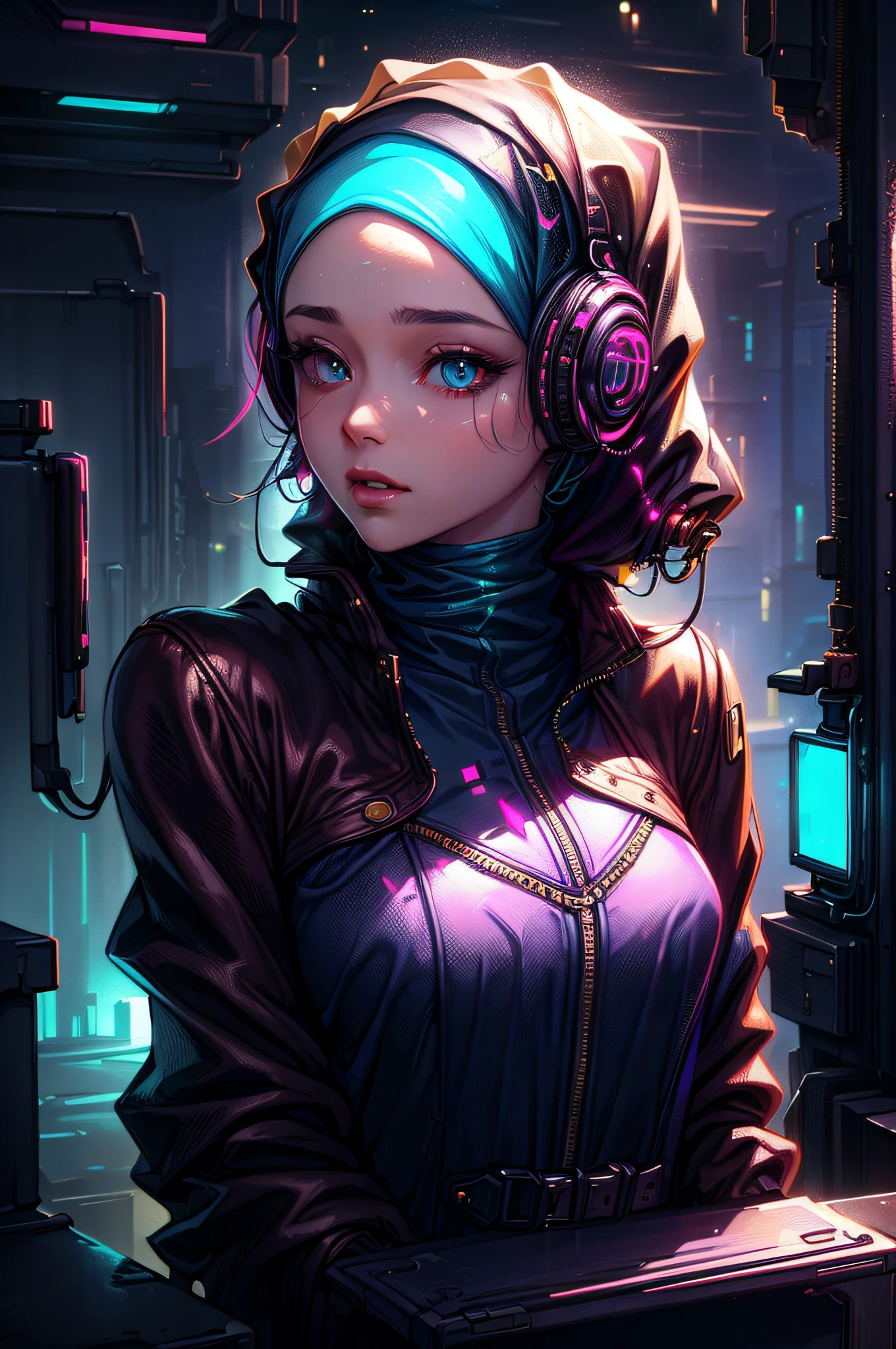 (Blue and Magenta), (Neon Cyberpunk Hijab: 1.5), [Style: Neon Cyberpunk: 1.3], (RAW Photos: 1.2), (Perfect Eyes: 1.5)),  (Photorealistic: 1.4), (Masterpieces: 1.3), (Best Quality: 1.4), Dreamy, (Detailed Eyes), (Detailed Facial Features), ( (8k:1.27), best quality, masterpiece, Hijab hair, ultra highres:1.2) Photo of Pretty woman (beautiful:1.1) (sci-fi woman:1.1), (Hijab cloak: 1.61) (Hijab leather Coat:1.21) intricate elegant, fantasy, detailed, ometric by greg rutkowski and alphonse mucha, gradient lighting