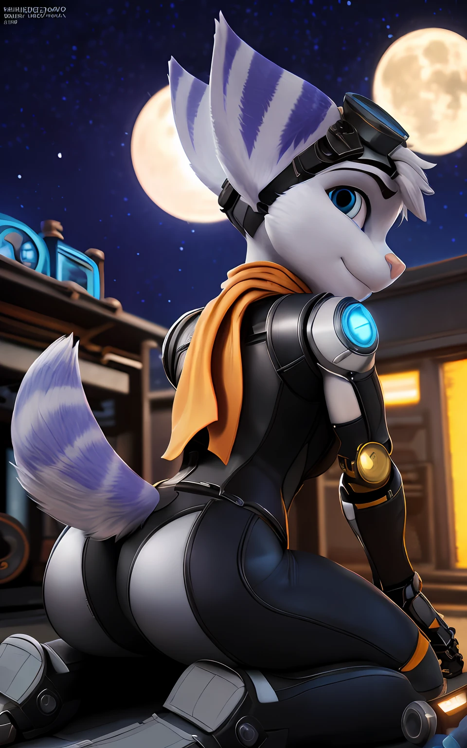 [rivet], [ratchet and clank], [Uploaded to e621.net; (mayosplash), (Pixelsketcher)], ((masterpiece)), ((solo portrait)), ((1girl)), ((full body)), ((back view)), ((furry; antrhopromorphic)), ((detailed fur)), ((raytracing; reflective surfaces)), ((detailed shading)), ((beautiful 3D art)), ((nighttime lighting)), {anthro lombax; (grey fur, pink nose, pointed ears), round blue eyes, seductive gaze), (sexy ass), (grey and blue skintight zip-up suit; grey lining, orange scarf, goggles on head), small boobs, curvaceous thin hips, sexy ass), (prosthetic arm; LEFT arm, yellow robot arm)}, {(on knees), (all fours)}, [background; ((mechanic shop; gears and machinery), starry night sky, full moon)]