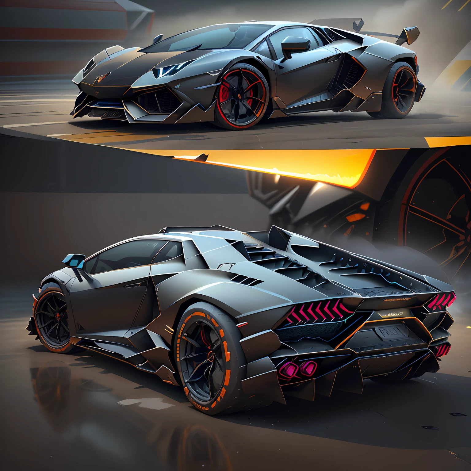 (LAMBORGHINI POISON 2023 ),(total view) ,Cores 64 k, (PRETO BRILHANTE ),NEON 3D ,tokyolagii,detalhes hiper realismo
