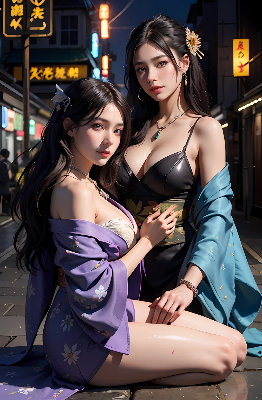 shukezouma, rendering by octane, hdr, (ultra - detailed:1.15), (Soft light, Sharp:1.2), (((Two girls,duo))),Beautiful girls,(City lights:1.9),in summer,Onsen,(Nature:1.9),Black hair,Very long hair,grin,Sexy,unaligned breasts, Dynamic Angle,Dynamic pose,Outdoors,Chinese style architecture,High color saturation,Color saturation,(jewelry:1.4),putting on jewelry, Ray tracing,Cinematic lighting,(RAW photo:1.2), (Photorealistic:1.4), absurderes,hyper detail eyes, mature, Onsen,Night,Painting drops, paint teardrops, woman made up from paint, entirely paint, splat, Splash, Long colored hair, Kimono made of paint, Ultra-fine texture kimono, Paint kimono, paint bulb, Exposed cleavage, paint drops, Exposed shoulders, Tears,shoulders are visible, Thighs exposed, seminude, focus onface, Beautiful face, eye shadows, Dark circle contour, russian face, Russian girl, mascara, Beautiful, 18yr old