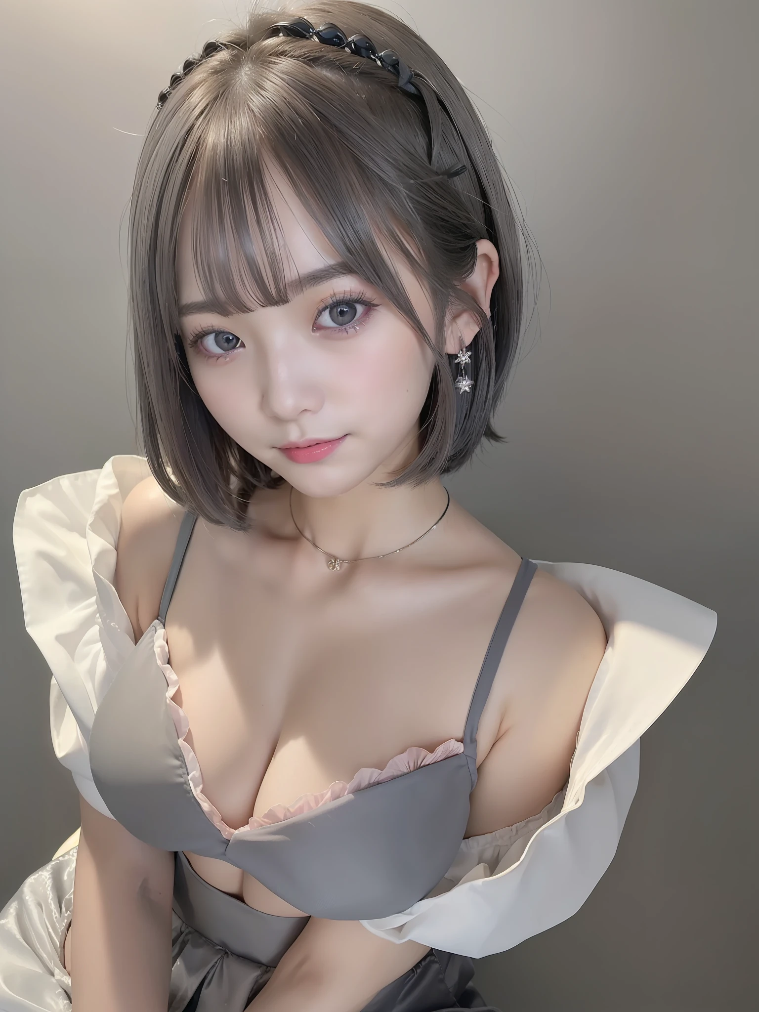 (realisitic、Photorealsitic:1.5)、(masterpiece)、(top-quality:1.4)、(超A high resolution:1.2)、(Raw photography:1.2)、(foco nítido:1.3)、(Face Focus:1.2)、1 japanese girl、professionattire、(17 age:1.1)、(happy smail:1.5)、(Shaggy cut hair:1.6)、(JP idol costumes in white and black and pink:1.4)、(Detailed beauty face:1.7)、(Detail Beautiful Dresses:1.4)、 Gothic Maid、(a professional photo of japanese girl)、 medium breasts、(cleavage of the breast:1.3)、(open-chested)、(Detailed silver hair)、(with two sides up)、(Look at viewers:1.2)、(Music DJ Cover Art:1.1)、(Music Design Art Stage:1.4)、(with a simple gray background:1.6)、Gorgeous gold lighting、BREAK、 (Colossal tits)、beautiful finely detailed eyes、(cute little)、Sit on the ground。