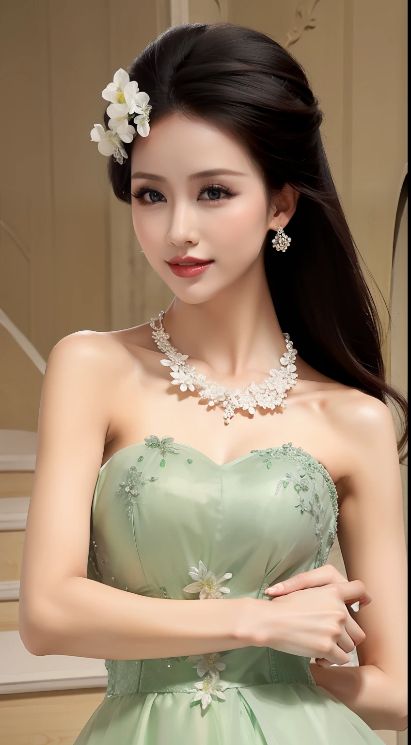 Fashion model 20 years old [[[[closeup cleavage]]]], [[[[boobgasm]]]], [[[[coll]]]], [[[[bshoulders]]]], perfect  eyes, Perfect iris，Perfect lips，perfect teeth，Perfect skin，with fair skin，Long face，slender nose，Soft front light，hdr，Movie girl，no headwear，long whitr hair，Long hair with a shawl，Casual，The background is outdoors，Flowers and greenery，（pastel colour：1.2）