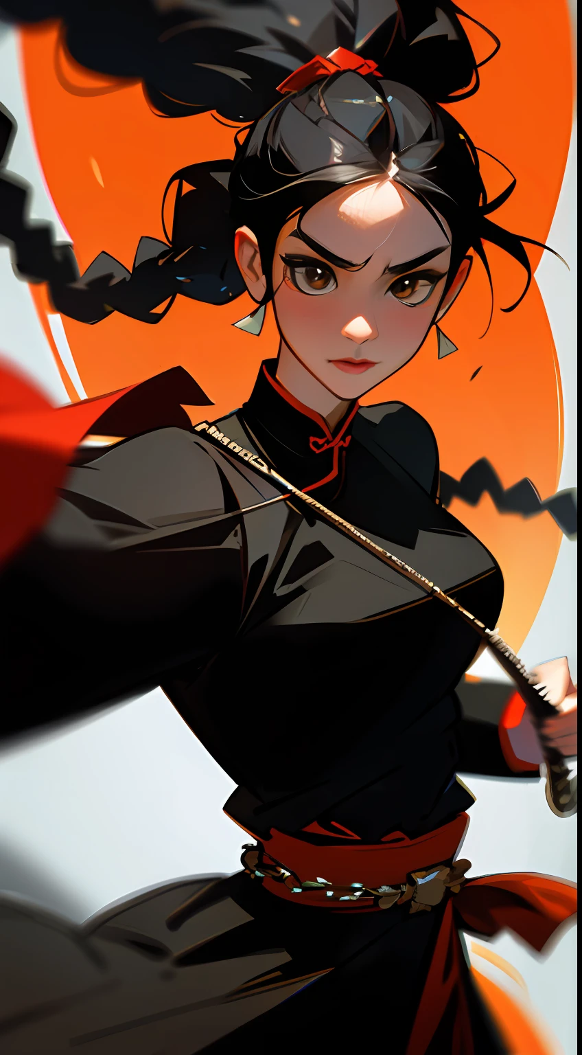 Chinese beautiful woman,Kungfu,Chain whip in hand,Cold weapons,ancient costume,Flowing twisted braids,Black color hair,The picture is extremely tense,Dashing,Raised sexy,carismatic,Energetic,Dynamic,Large viewing angle,Grandiose scenes,tmasterpiece,(8K)(High quality details)(super high image quality)(best qualtiy)