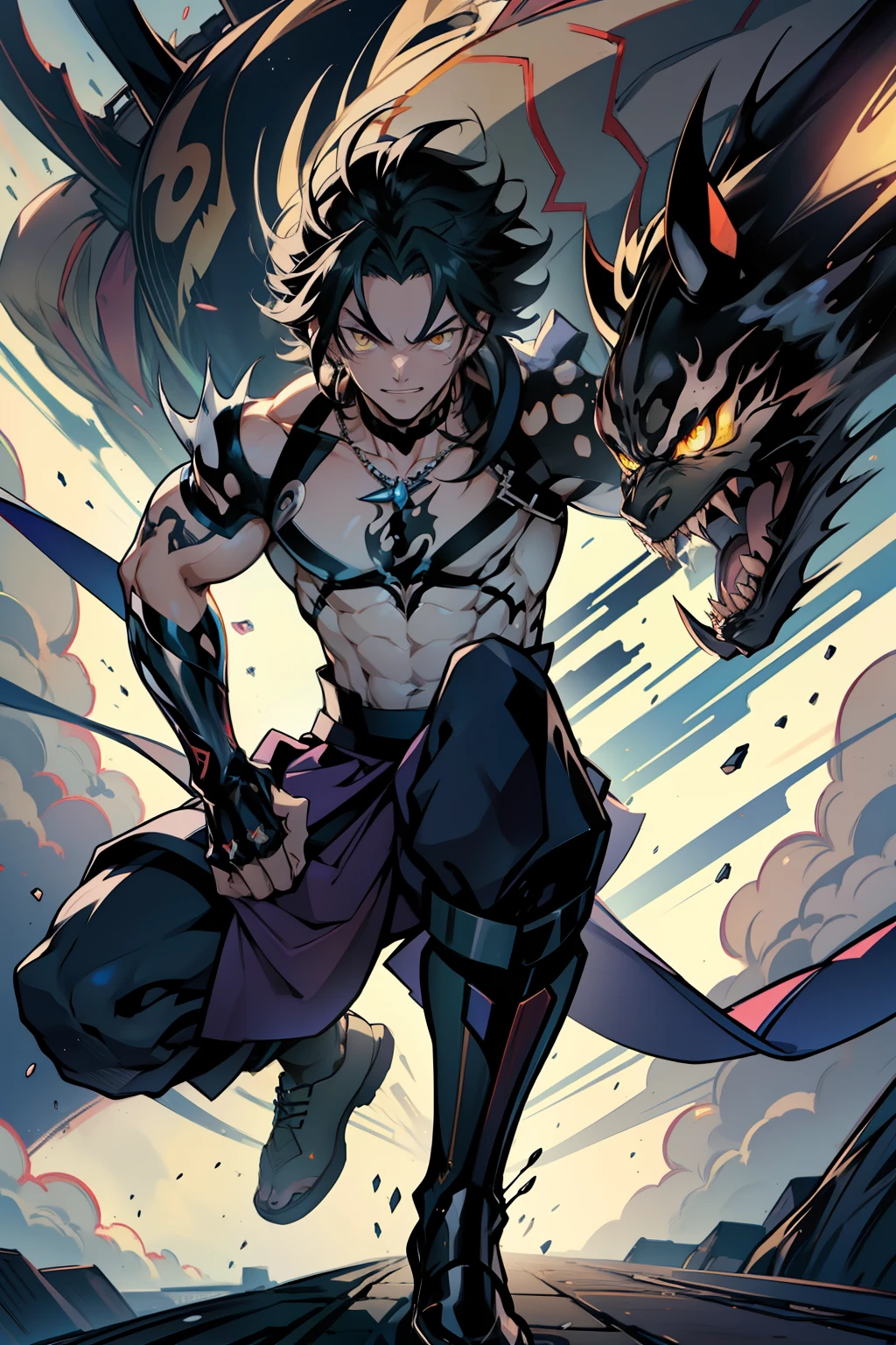 《the original god》Arataki Kazuto , male people,,((Masterpiece)), ((Best quality)), Ultra detailed,((illustration)), Dynamic Angle, Detailed light, (Delicate eyes), Floating, 1boy, Male focus, Head, Clothing, Yellow eyes, necklace, tattoo, (Forehead:0.8), (ahoge:0.8), jewelry, apathy,Ray, chest muscle, Sexy , Venom symbiote for your body, Black mucus of the body , (into venom), Venom,frontage,style of anime4 K, 4K anime wallpaper, Badass anime 8 K, 4 k comic wallpaper, young anime man, Anime boys, Anime wallpapers 4 k, Anime wallpaper 4K, High quality anime art style, Anime moe art style, Anime art wallpaper 8 K, Anime art wallpaper 4 K, RGB lighting