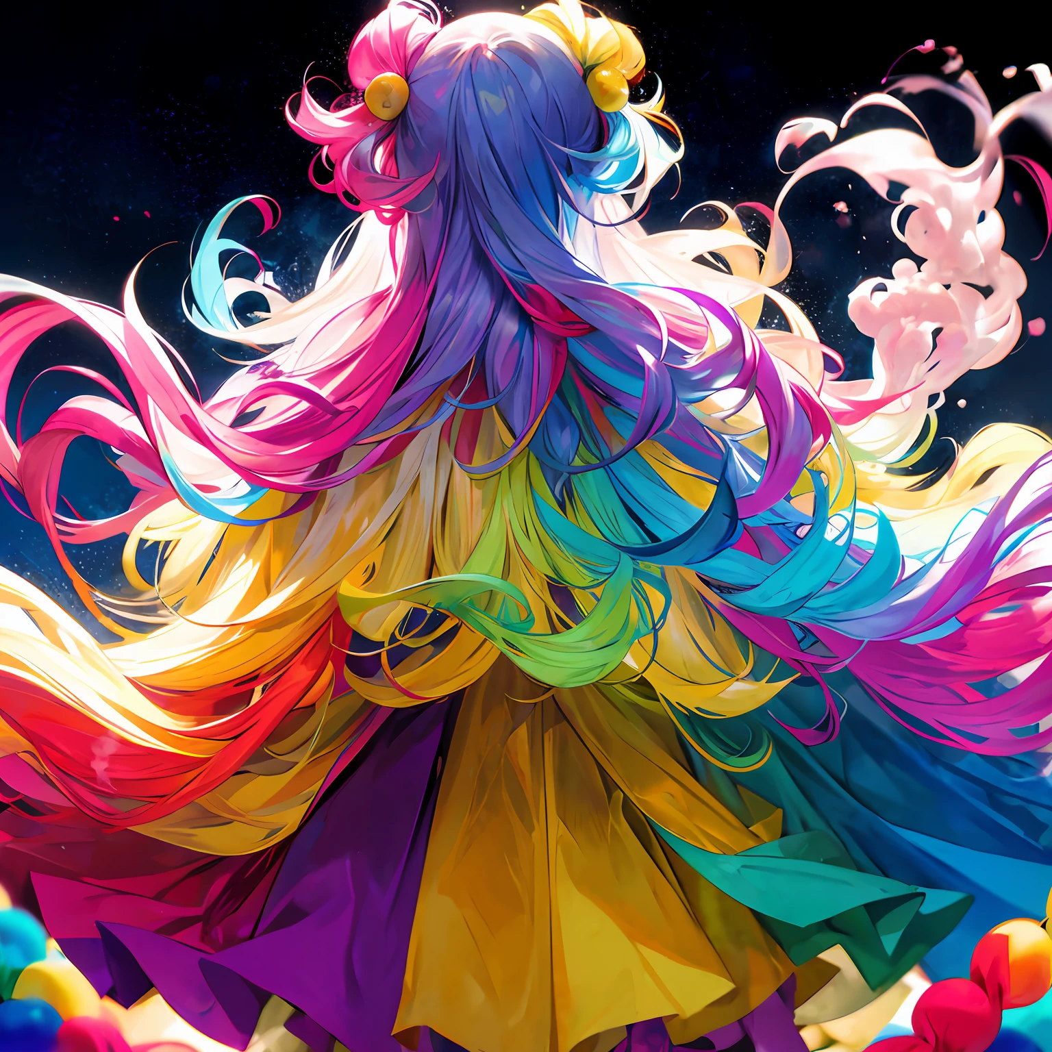 from_behind,clown,smile,absurdly long hair,(wavy multicolor hair:1.2),(smokeanywhere:1.4)