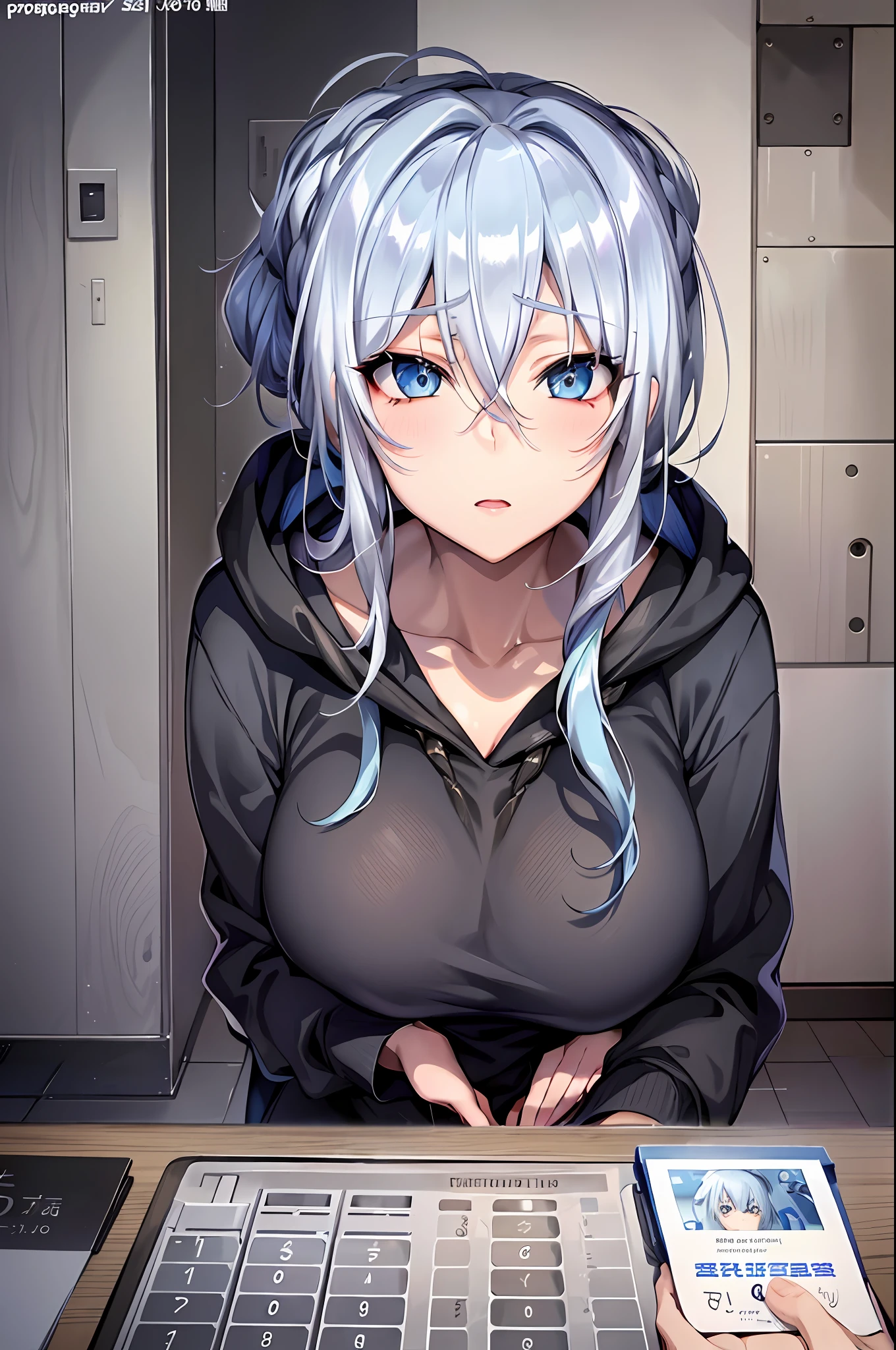 Yukino, Silver hair and  eyes in a black hoodie, anime visual of a cute girl, screenshot from the anime film, & her expression is solemn, in the anime film, in an anime, anime visual of a young woman, she has a cute expressive face, still from anime, perfect breast