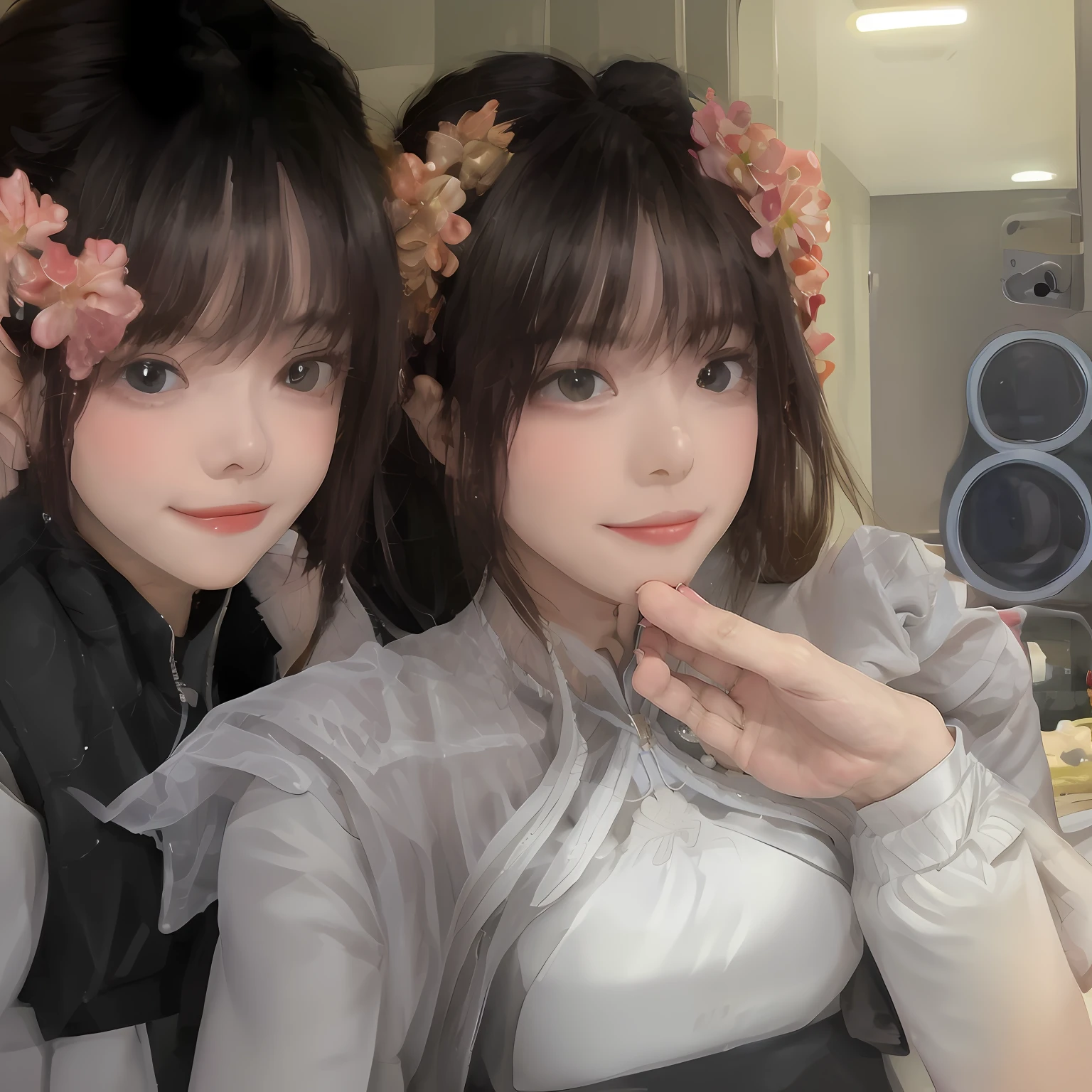 Two Asian women in costume pose for a photo in the bathroom, 8K selfie photos, Guviz, sakimichan, nixeu and sakimichan, kanliu666, 8K)), Middle metaverse, trending at cgstation, WLOP and Sakimichan, two beautiful anime girls