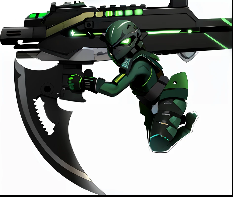 A green and black weapon，There is a large blade on it, pulse rifle, corner assault rifle, The sword, p90, starship-troopers-rifle, SMG, futuristic assault rifle, futuristic gun, futuristic pistol, sci - fi weapon, futuristic weapon, pulse rifle, gauss rifle, From《Doom and Halo》, bolt pistol in one hand, realistic weapons, Weapon design
