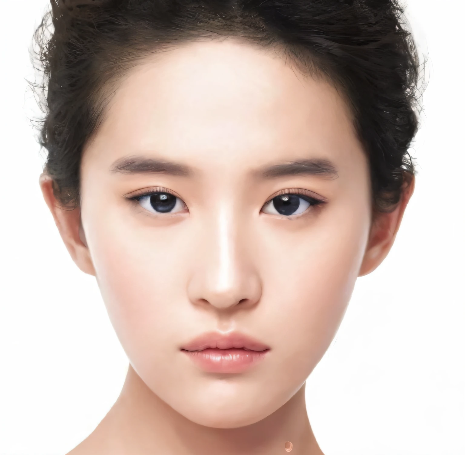 (detailed and realistic portrait of a girl with a clean face), (round eyes and long flutters hair shot outside),staring at camera,magical photography, dramatic lighting, photo realism, ultra-detailed,
intimate portrait composition, (centered image composition),(close up shot:1.6),best quality,f/1. 8, 85mm,
(28years asian woman), black_hair,(black_eyes:1.2),(bangs),makeup,white_dress,
(hazy blue_sky_background)