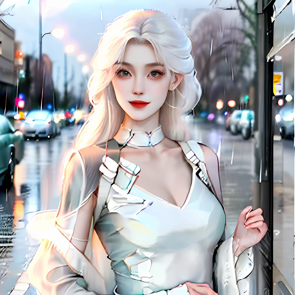 ((best qualtiy, 8k, tmasterpiece:1.3)), Focus:1.2, perfect figure beautiful woman:1.4, Cocked buttocks:1.2, ((long whitr hair)), (wetclothes:1.1) , (Rain, Street:1.3), White exposed underwear, Highly detailed facial and skin texture, A detailed eye, 二重まぶた,Cocked buttocks,Whiten skin,ssmile,long leges