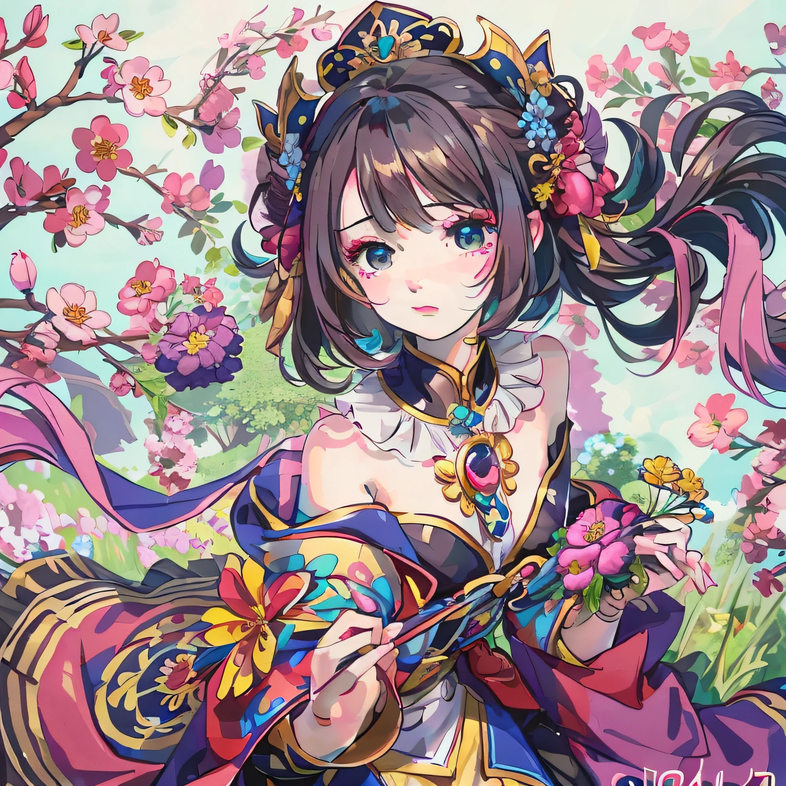 animemanga girl,Holding a fan and flowers, Be red in the face,Ruffle your hair