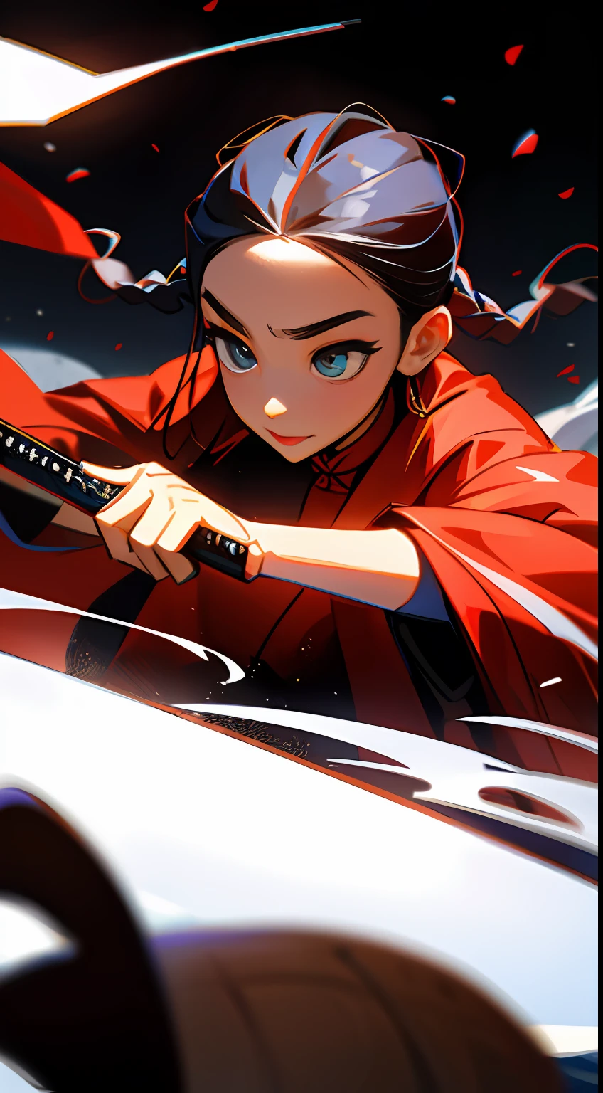 Chinese beautiful woman,Kungfu,Point to the camera with a sword in hand,Holding flowers in the other hand,Cold weapons,Xia customer service played,Flowing twisted braids,looking to the camera,A look of determination,The picture is extremely tense,Dashing,Raised sexy,carismatic,Energetic,Dynamic,Large viewing angle,Grandiose scenes,tmasterpiece,(8K)(High quality details)(super high image quality)(best qualtiy)