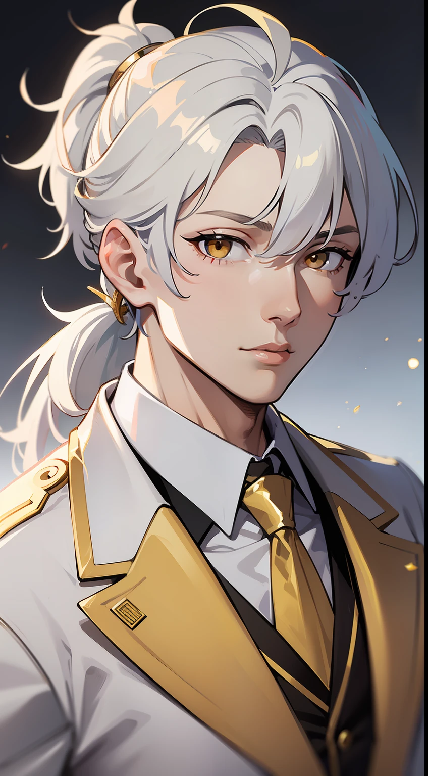 Grown-up guy, white colored hair, high ponytail, golden eyes, white suit with gold elements, Masterpiece, hiquality