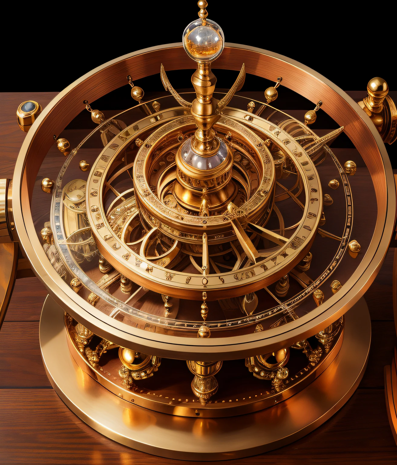 "Polished brass and copper add intricate details to the mechanical orrery, enhanced by the glistening crystal and the rich mahogany elements."