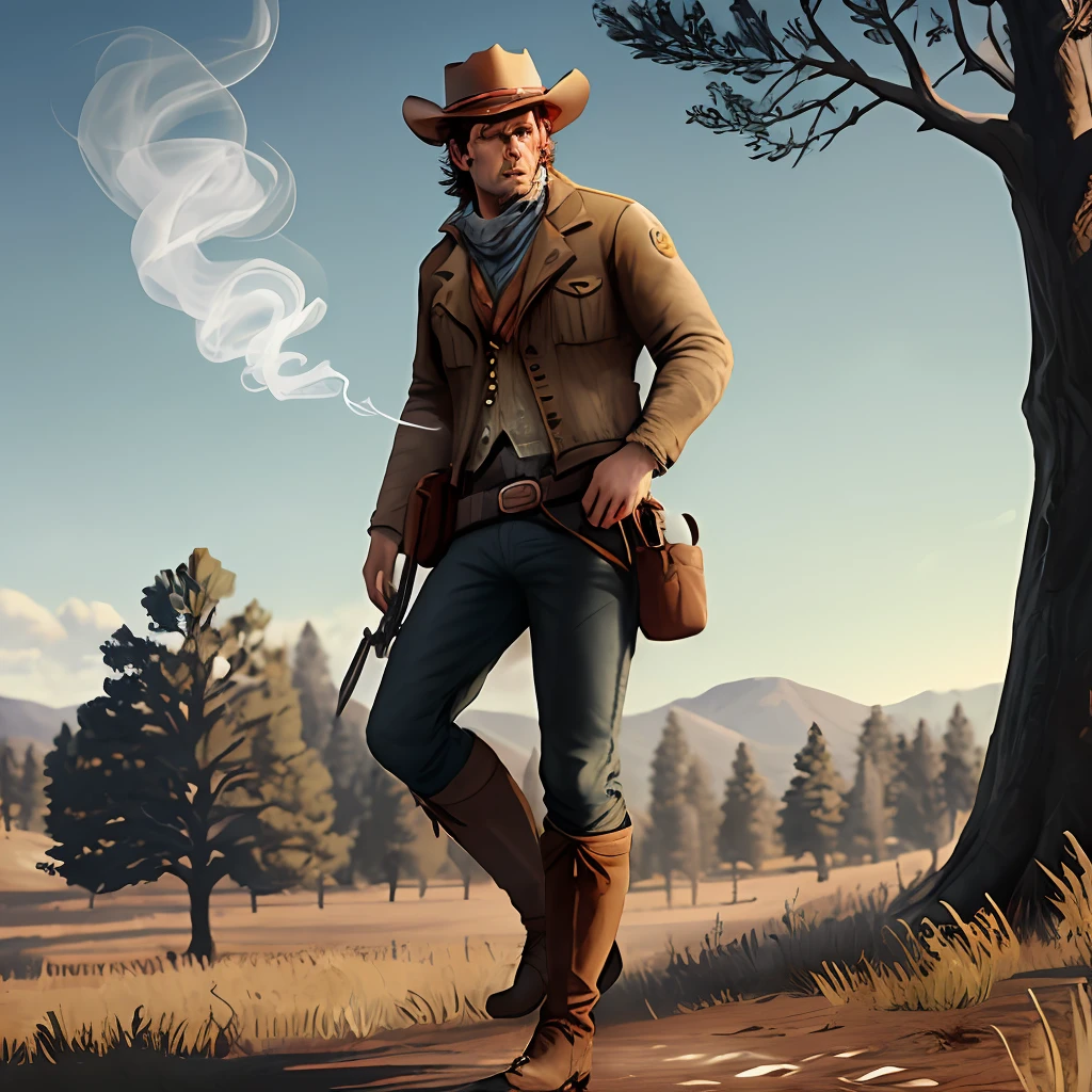 Arthur Morgan,Red Dead Redemption,the detail,smokes,standing on your feet,Leaning against a tree