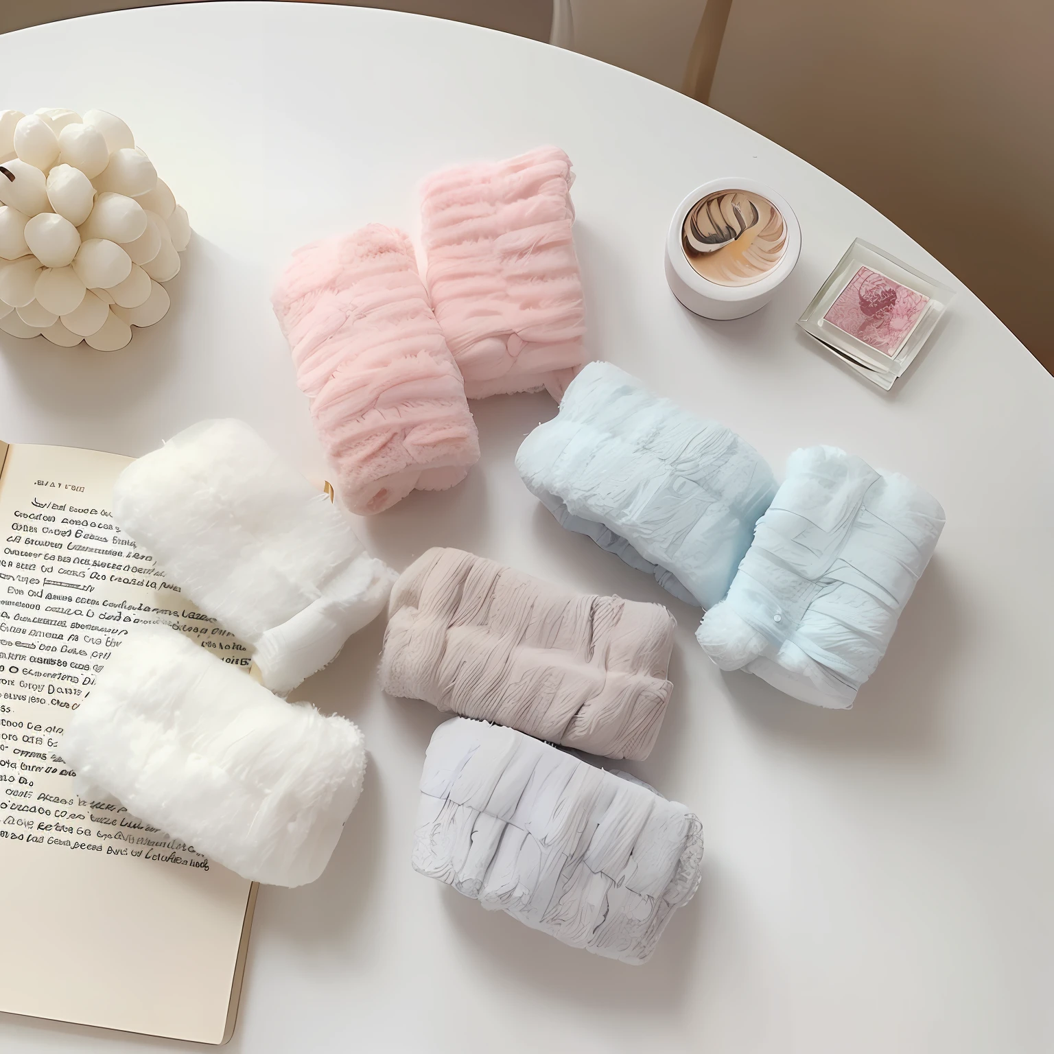 Images of Aalfard of a table and a book, A candle, And a pair of socks, soft cute colors, Soft fluffy, soft - warm, designed for cozy aesthetics!, soft. High quality, Soft and warm, pastel colored, High quality material BSSRDF, A pair of ribs, Soft color, In pastel colors, Various colors, 3 colour