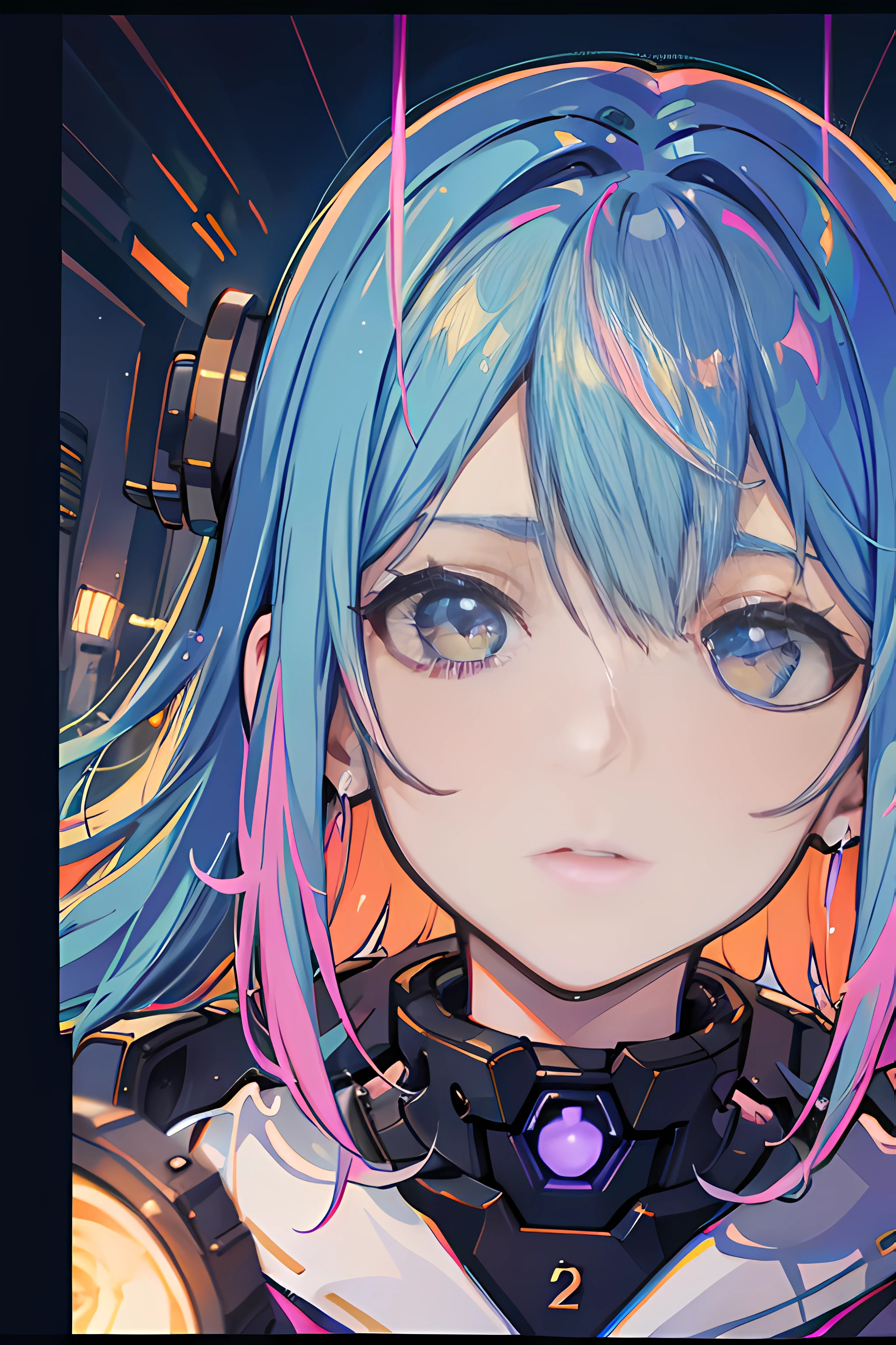 mecha-girl, Plasma laser cannon, Floating cannon, High-stroke filters, in a panoramic view, s the perfect face, Exquisite facial features, neonlight, Ambient lighting, Colorful, Award-Awarded, drill hair, Carl Larsson, Genre painting, Ray tracing, f/2.8, 85mm, Nikon, Perspective, perspective, Textured skin, High details